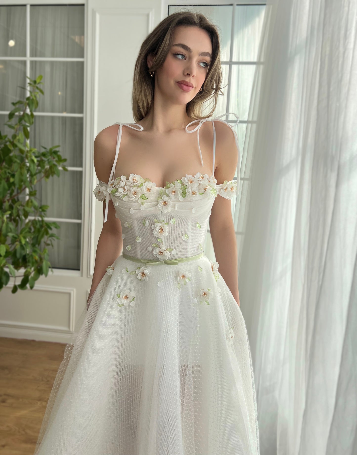 White A-Line dress with spaghetti straps and embroidery