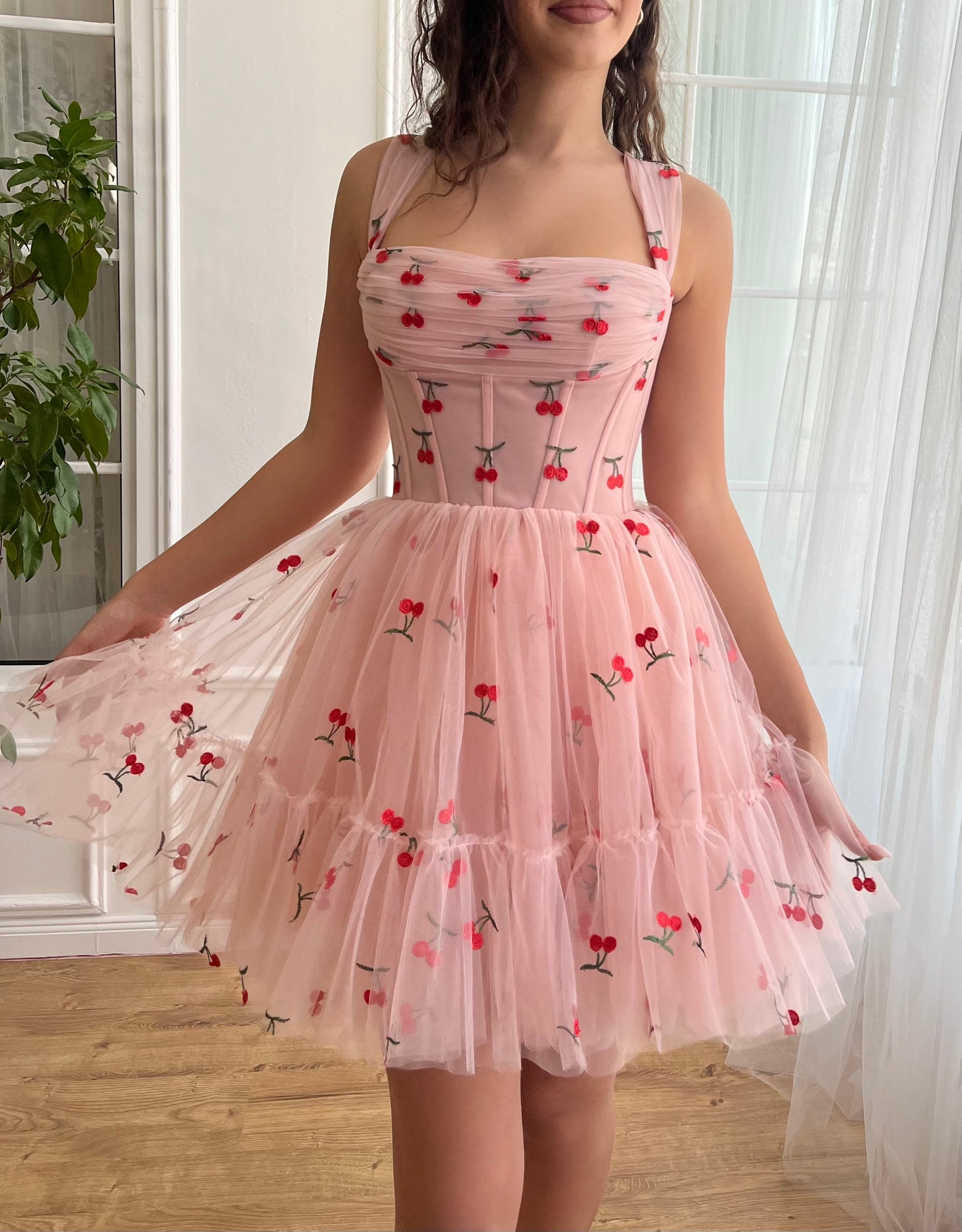 Pink mini dress with cherries and straps