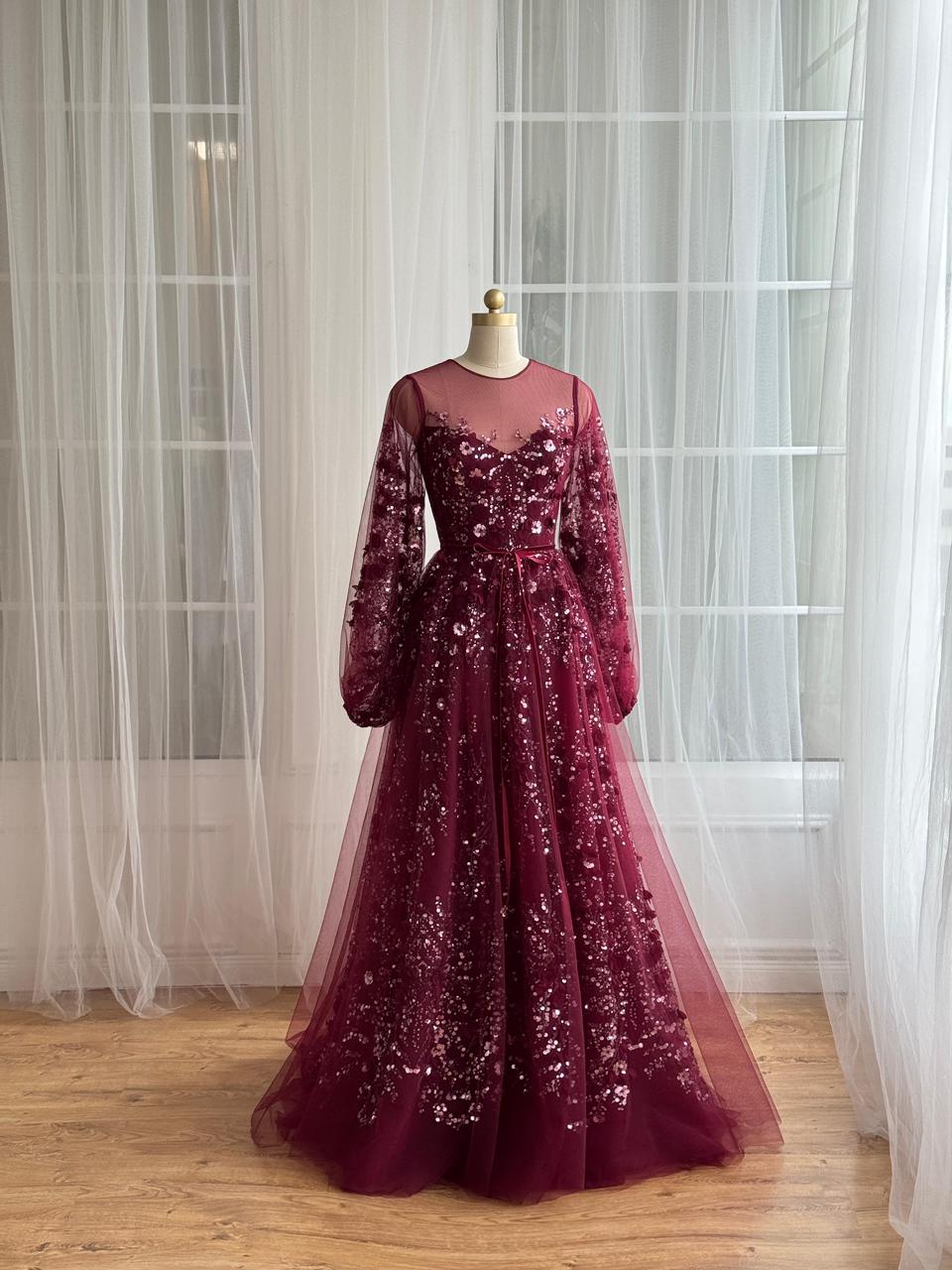 Burgundy A-Line gown with long sleeves and embroidery