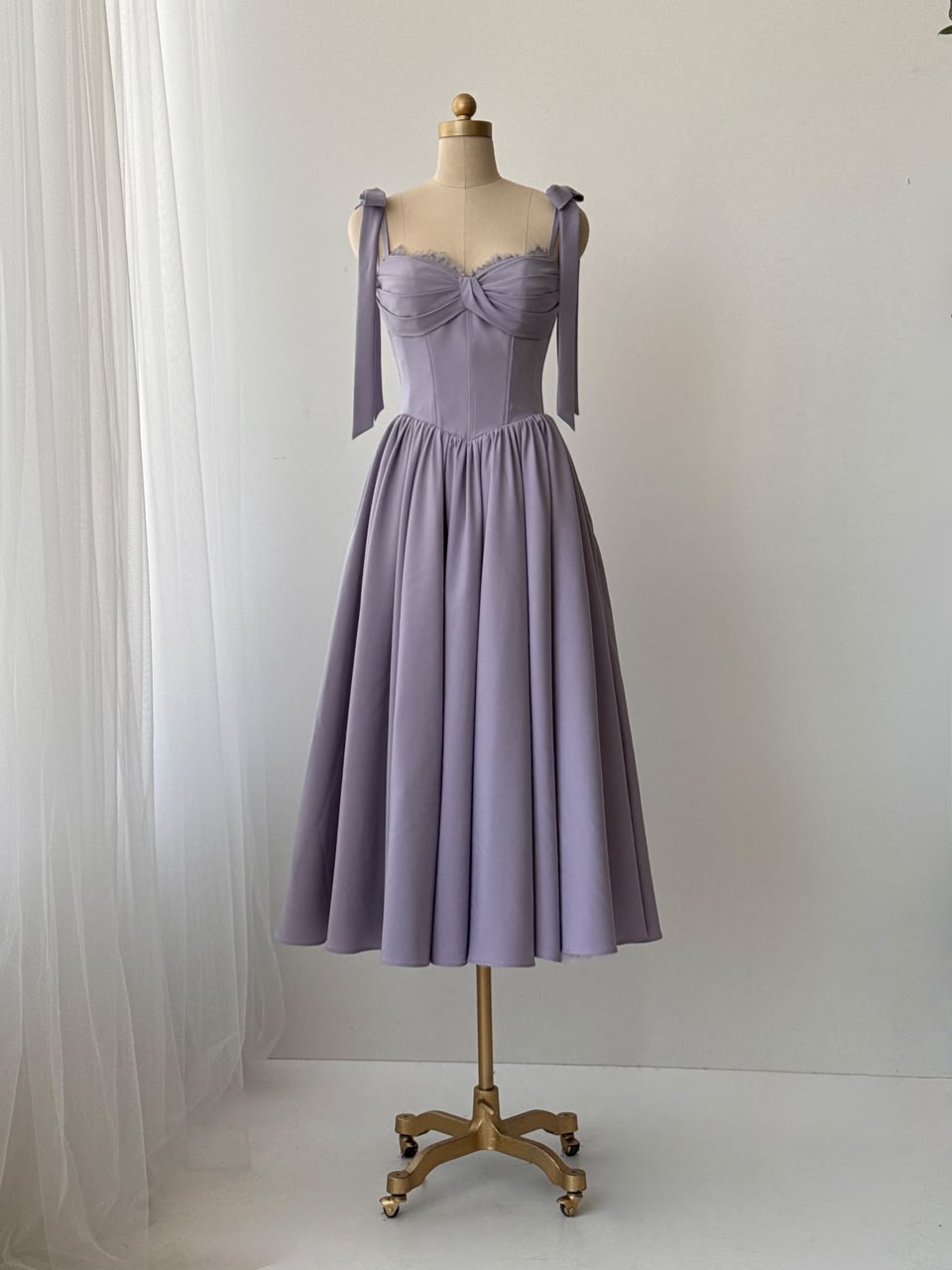 Purple midi dress with bow straps and embroidered lace