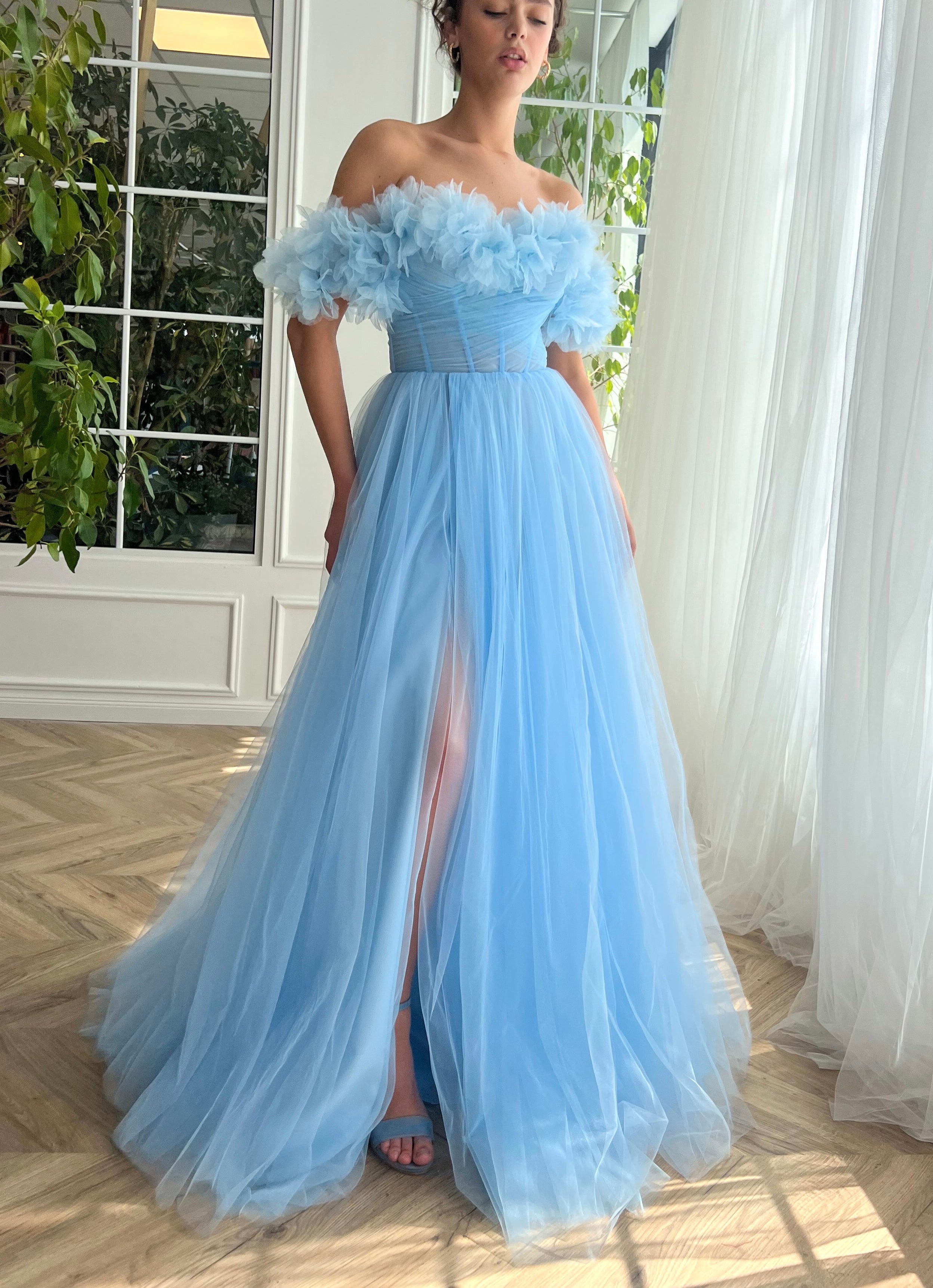 Blue A-Line dress with off the shoulder sleeves and embroidery