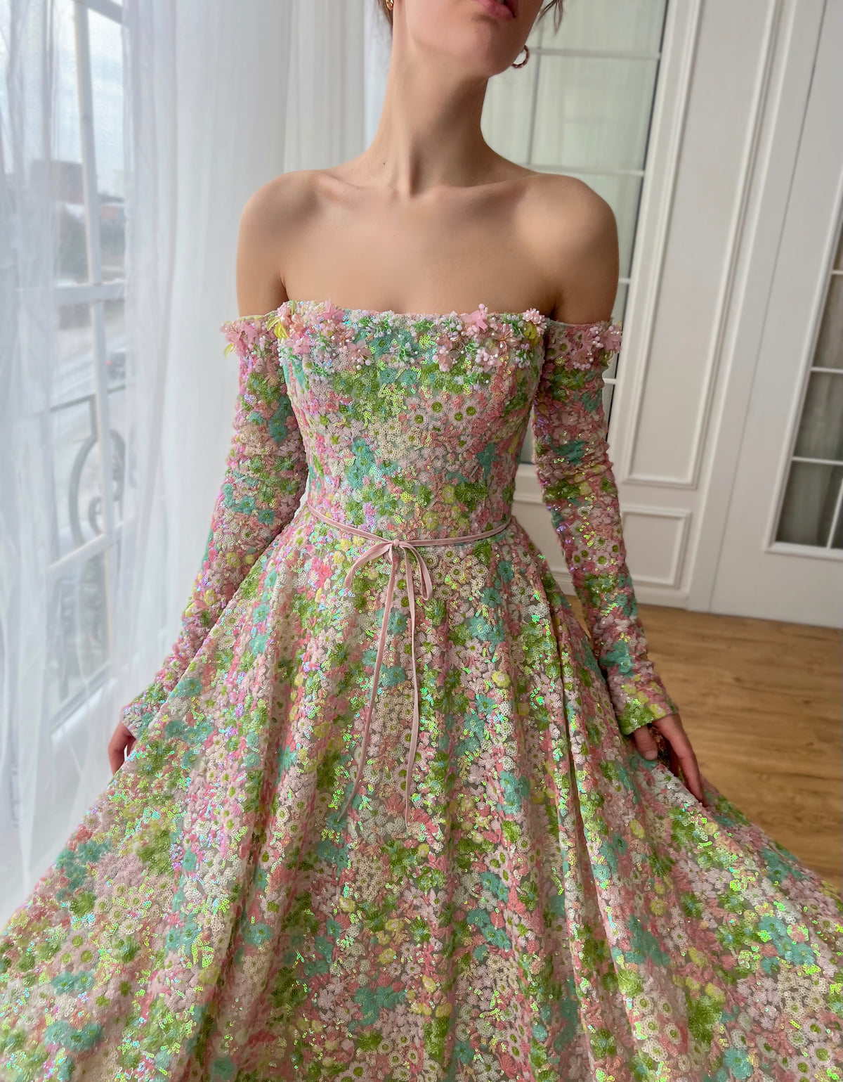 Colorful A-Line dress with long off the shoulder sleeves, embroidery and sequins