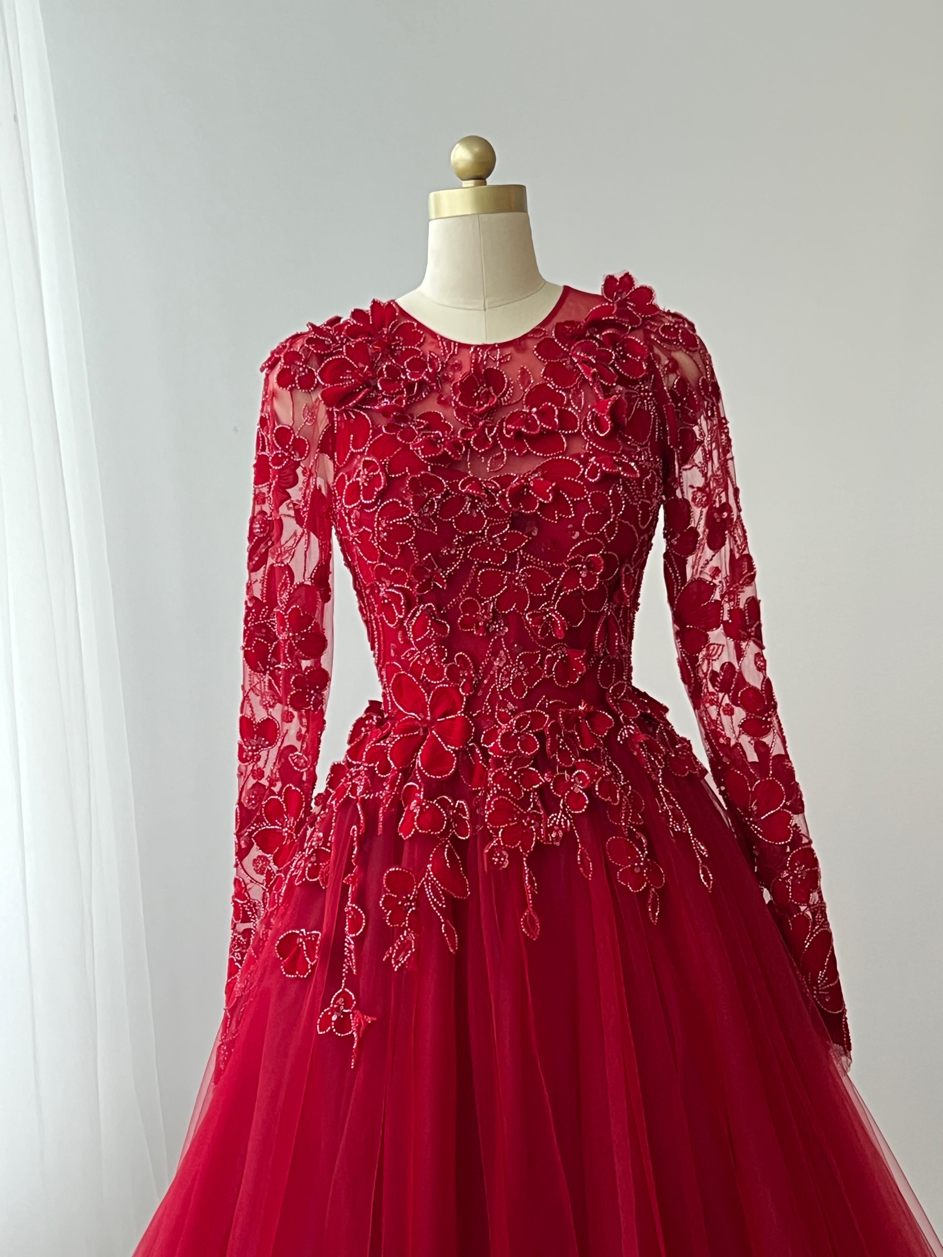 Red A-Line gown with long sleeves, lace and embroidery