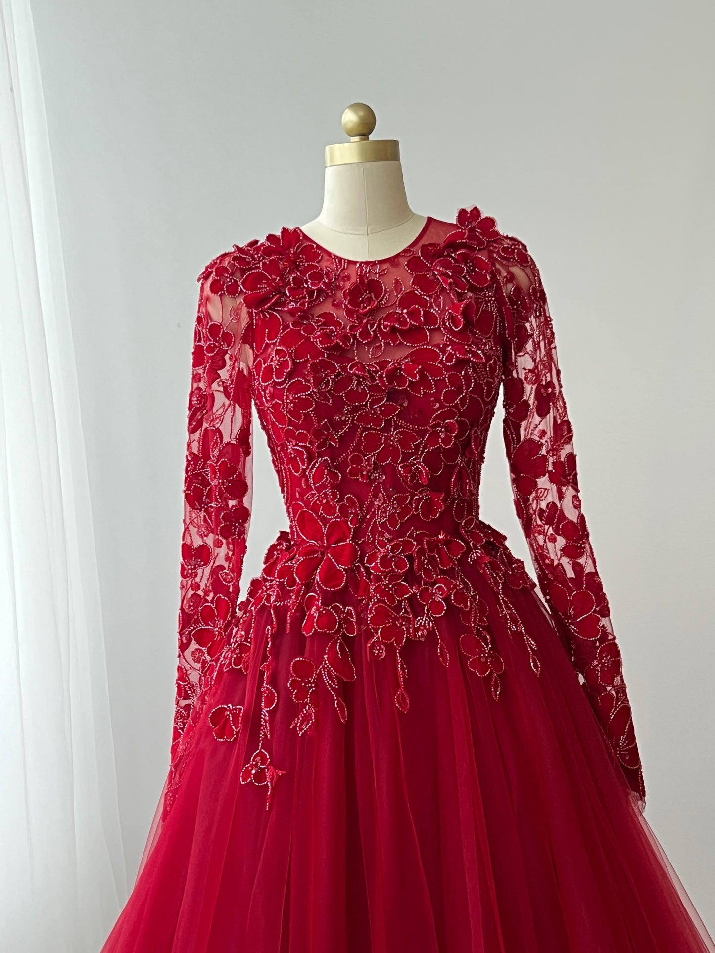Red A-Line gown with long sleeves, lace and embroidery