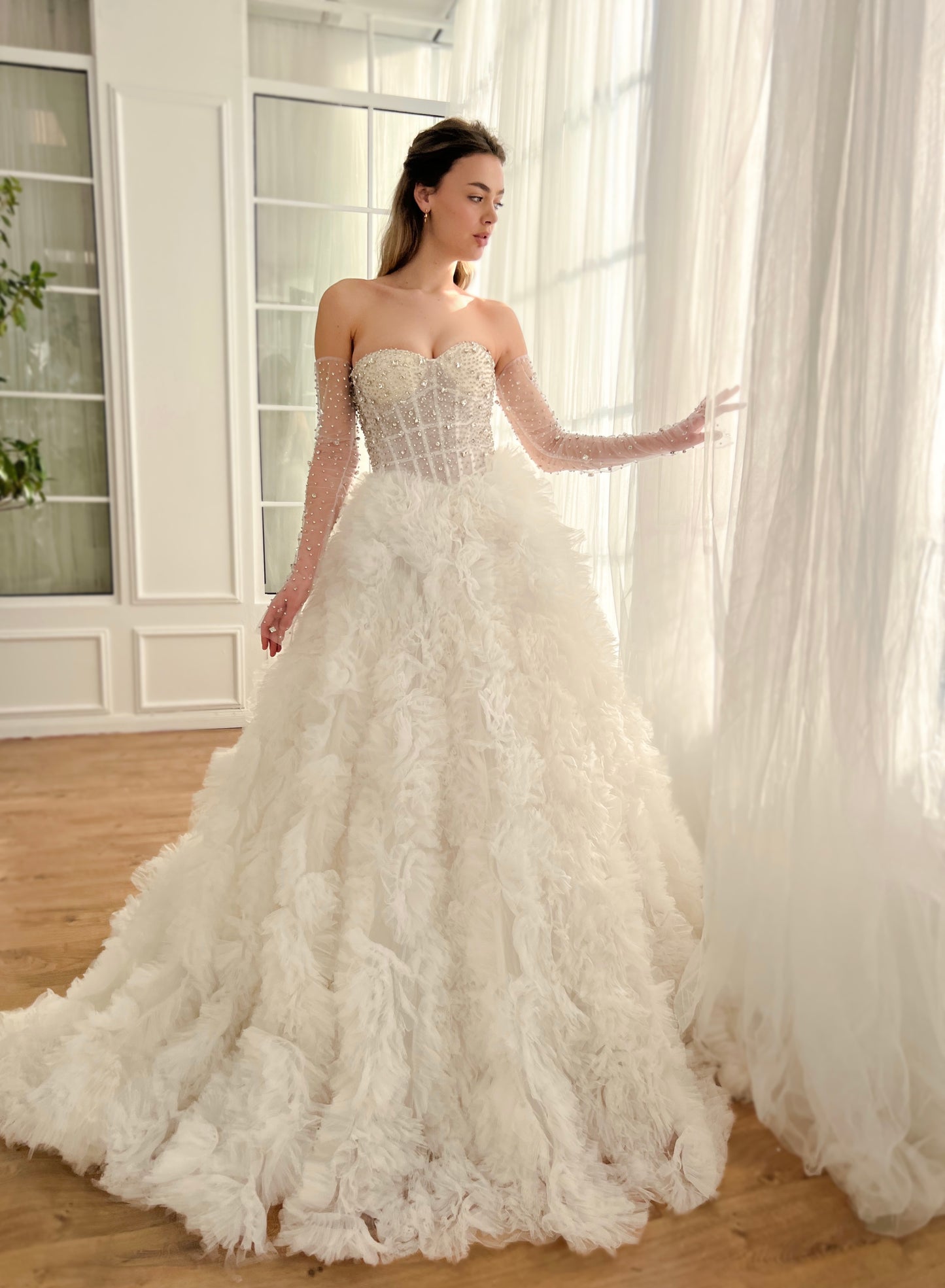 White A-Line dress with bow straps and embroidery