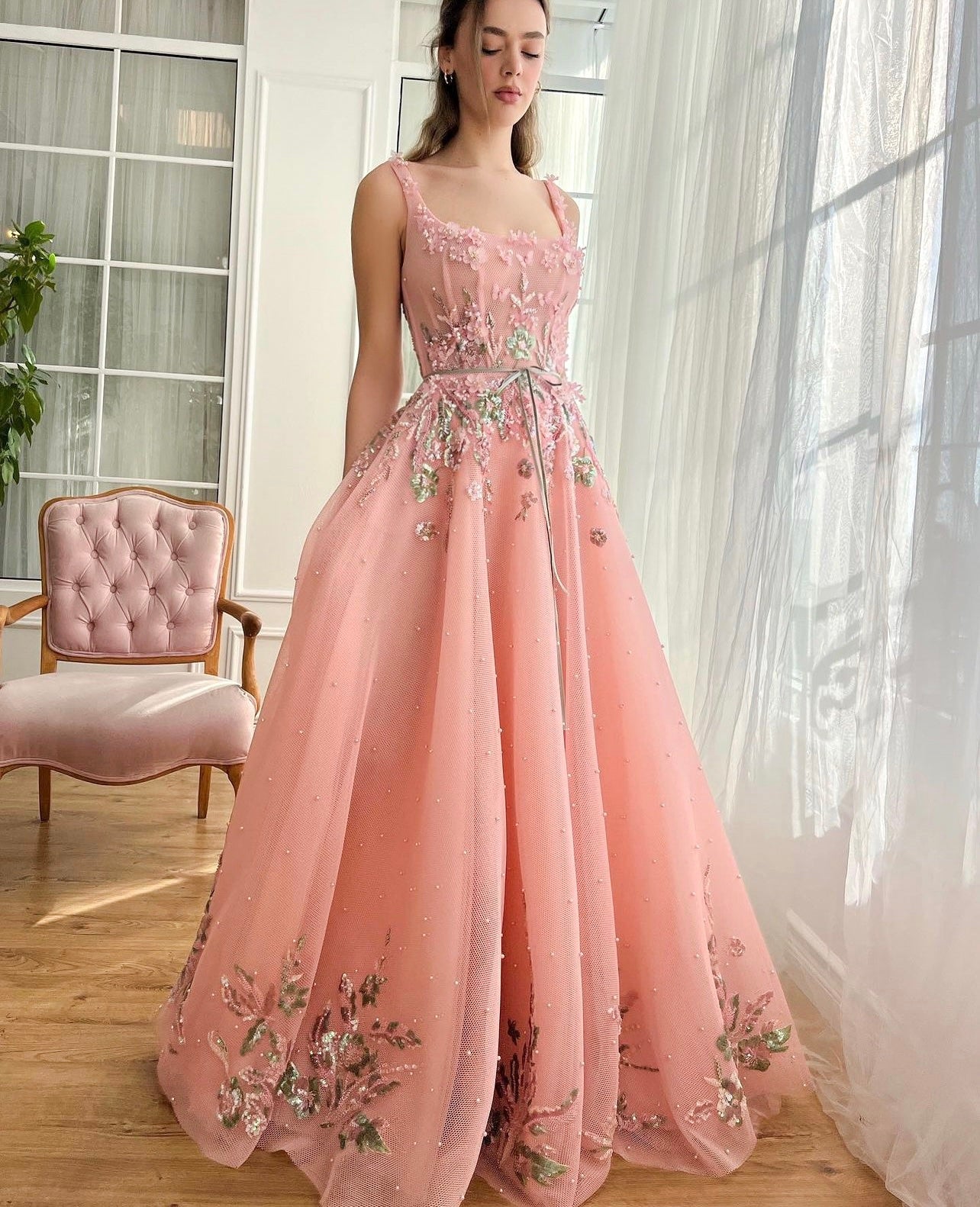 Pink A-Line dress with embroidery, beading and straps