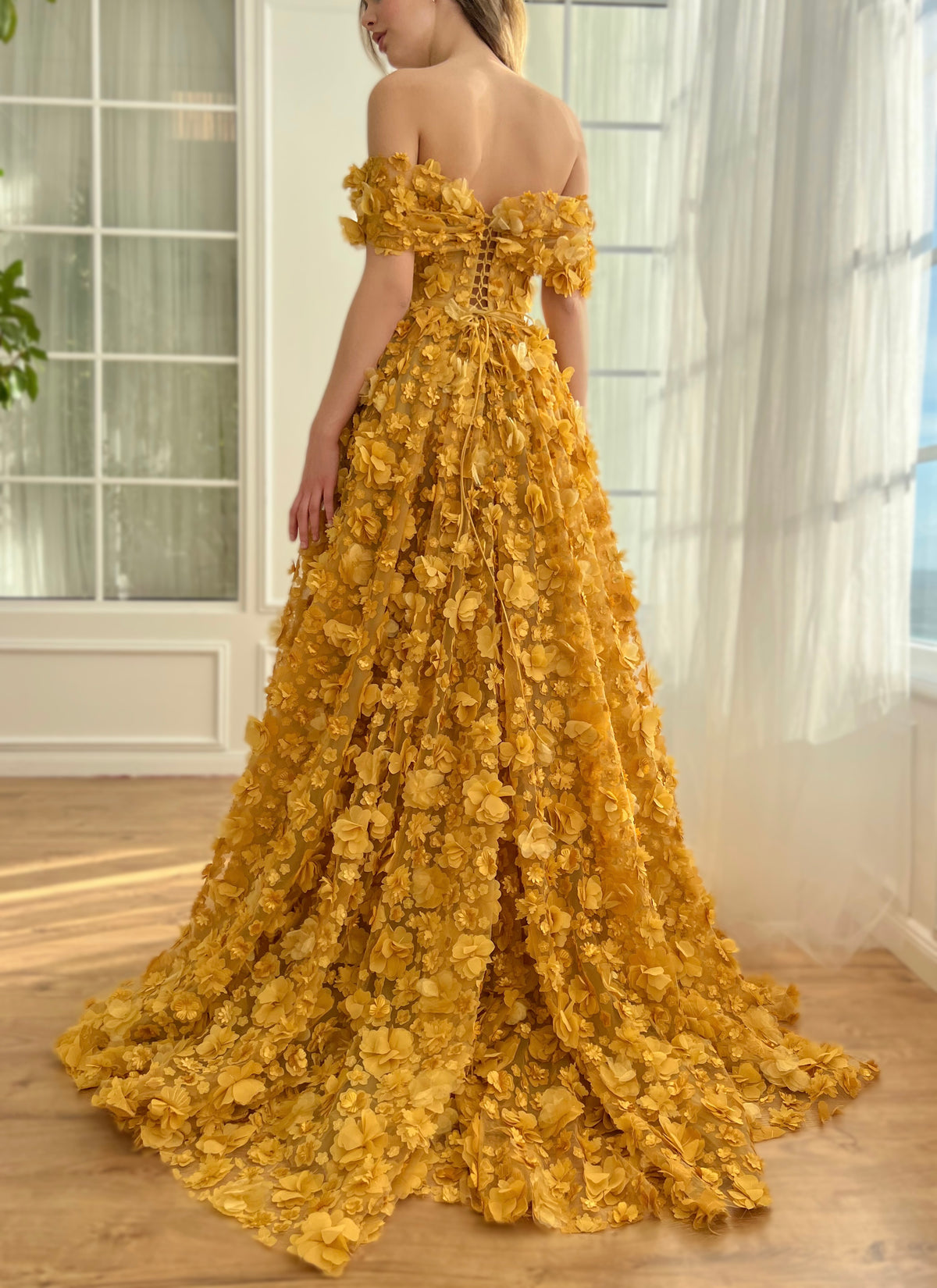 Gold A-Line dress with embroidery and off the shoulder sleeves