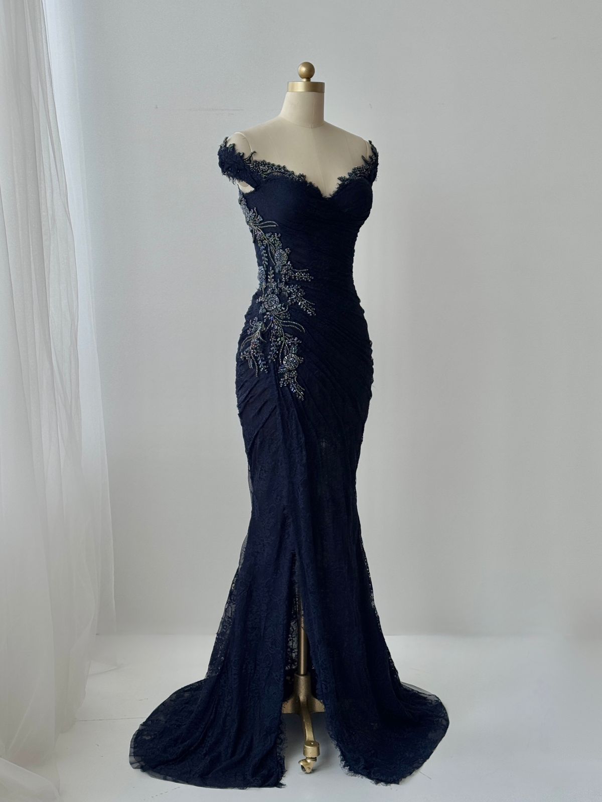 Navy blue mermaid dress with embroidery and off the shoulder straps