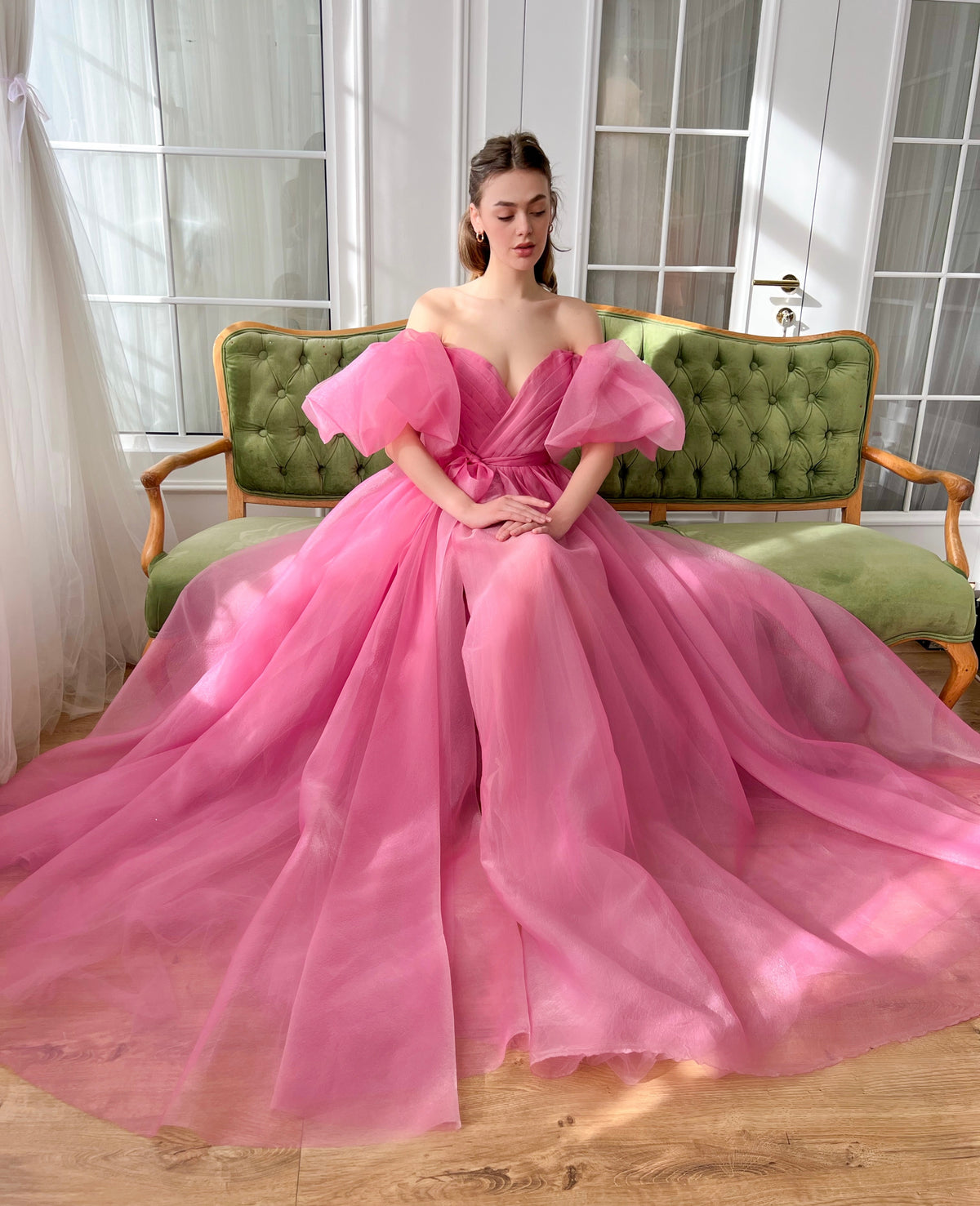 Pink A-Line dress with off the shoulder sleeves