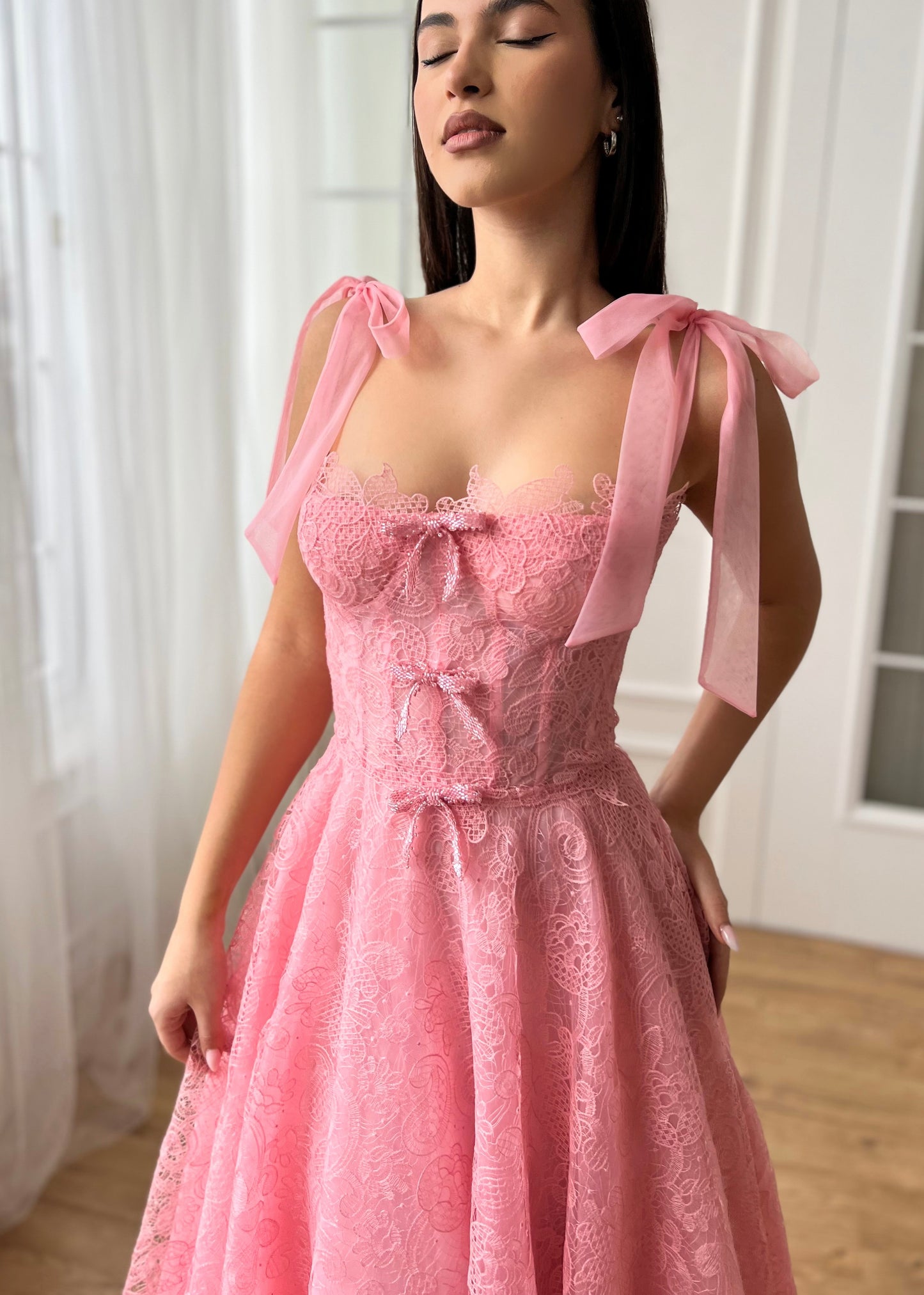 Pink midi dress with bow straps