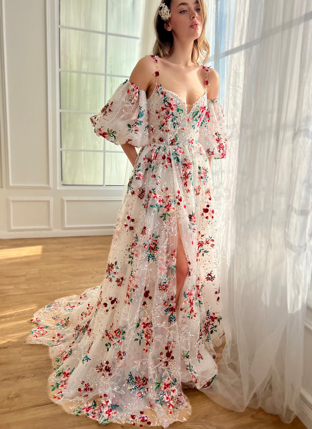 White A-Line dress with spaghetti straps, off the shoulder sleeves and embroidery