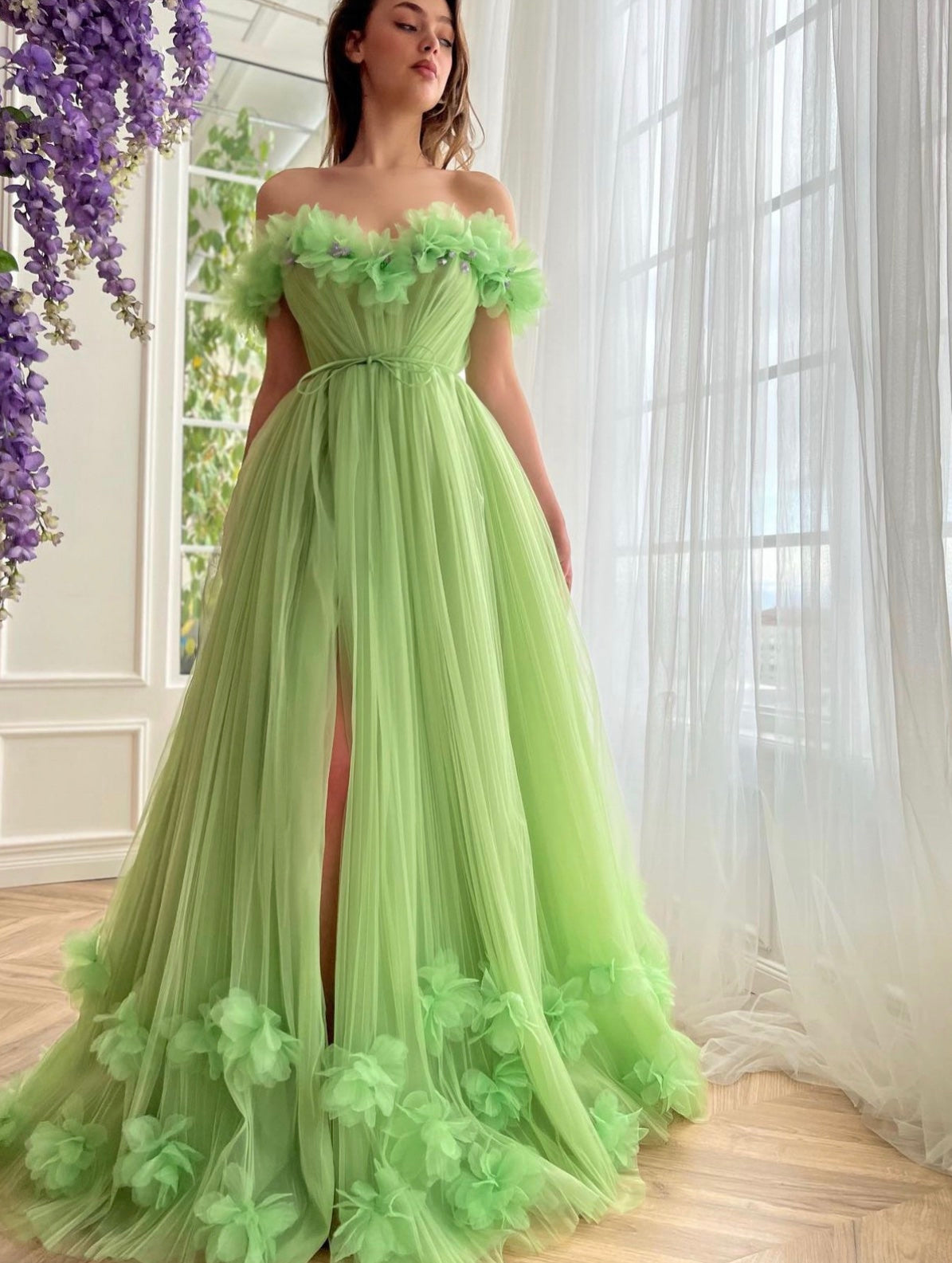 Green A-Line dress with off the shoulder sleeves and embroidery