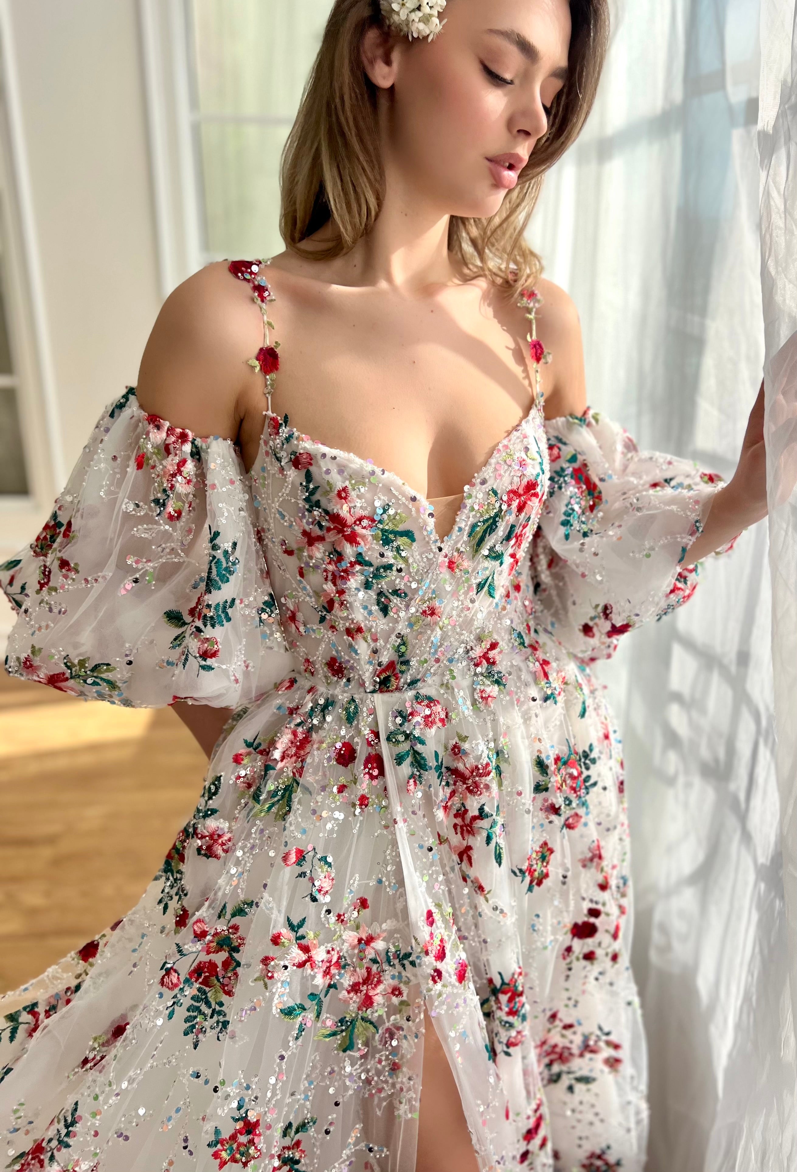 White A-Line dress with spaghetti straps, off the shoulder sleeves and embroidery