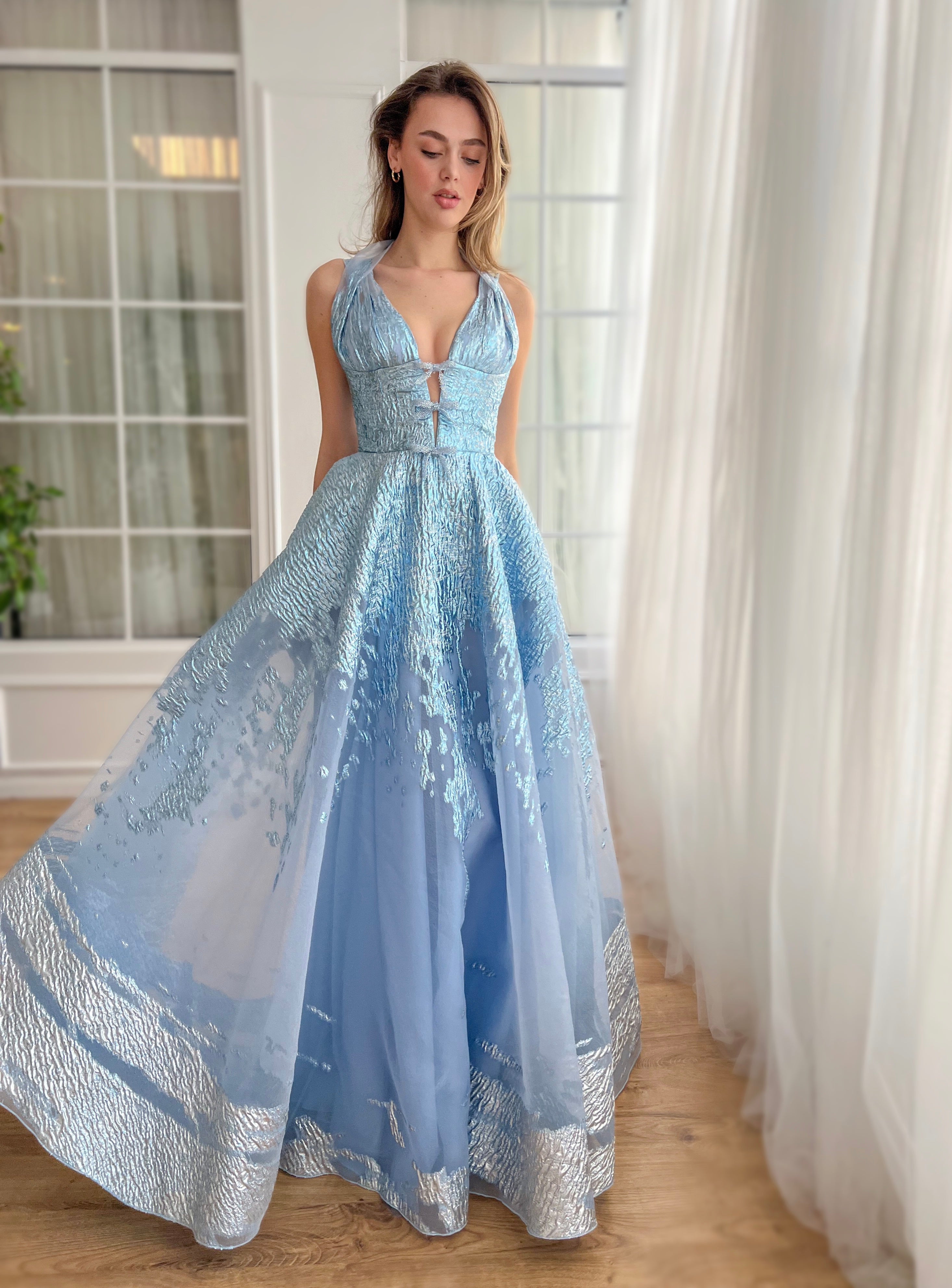 light blue dress long sleeves Sky Blue Long Chiffon Prom Dress with Sleeves Formal Dress PG803 US12 / Sky Blue