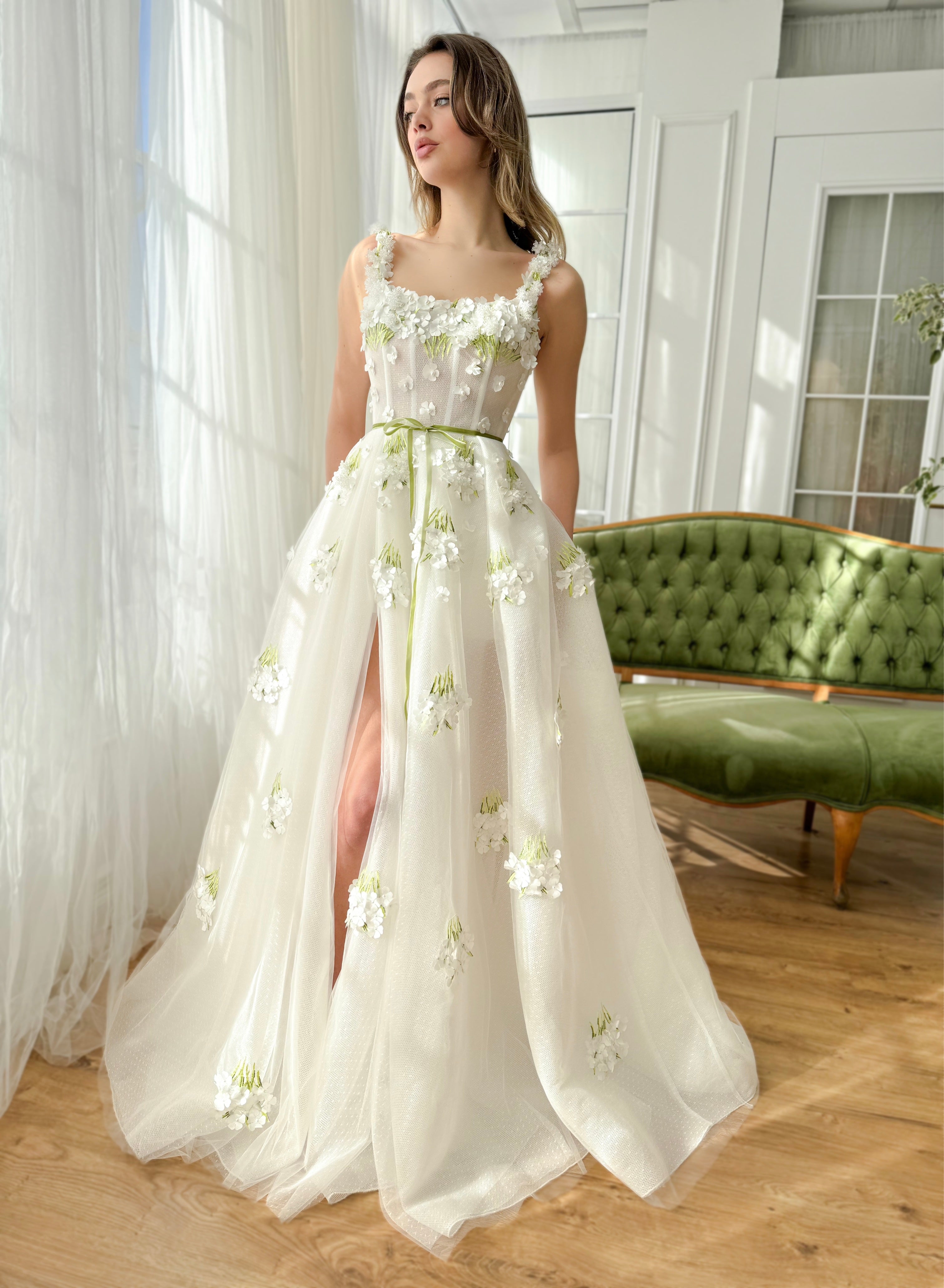White A-Line dress with straps and embroidery