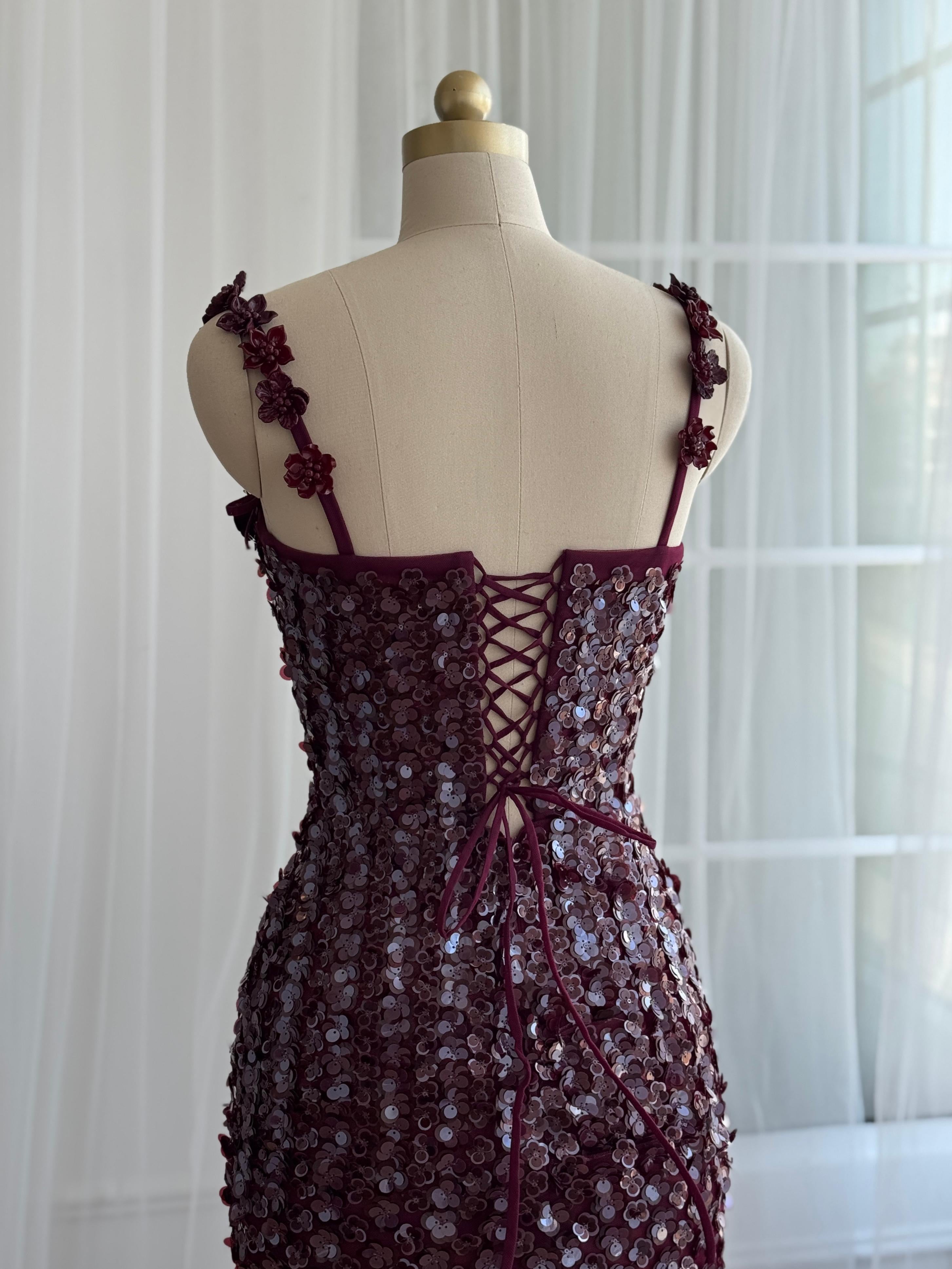 Purple mermaid dress with straps, embroidery and sequins