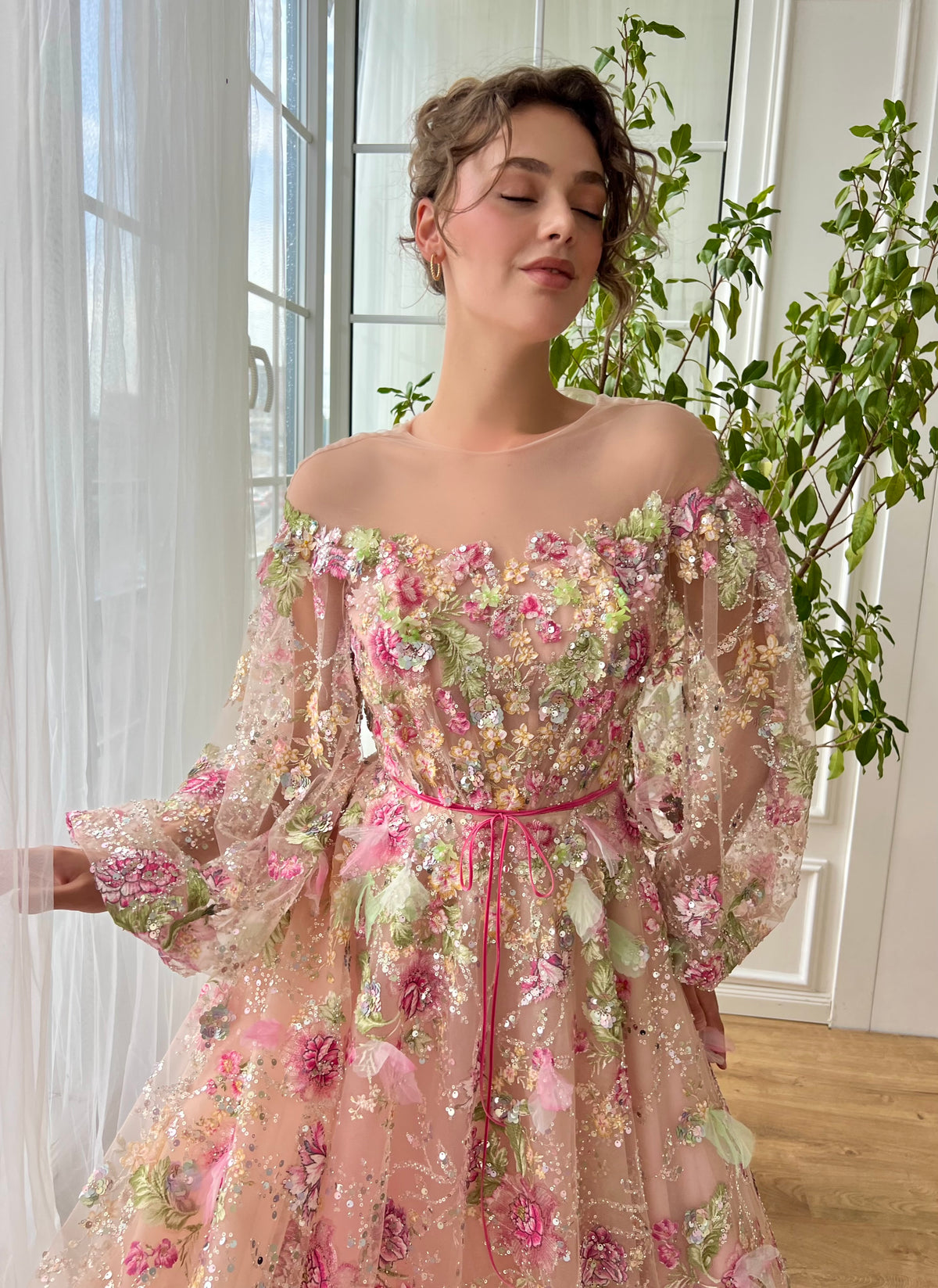Pink A-Line dress with long off the shoulder sleeves and embroidery