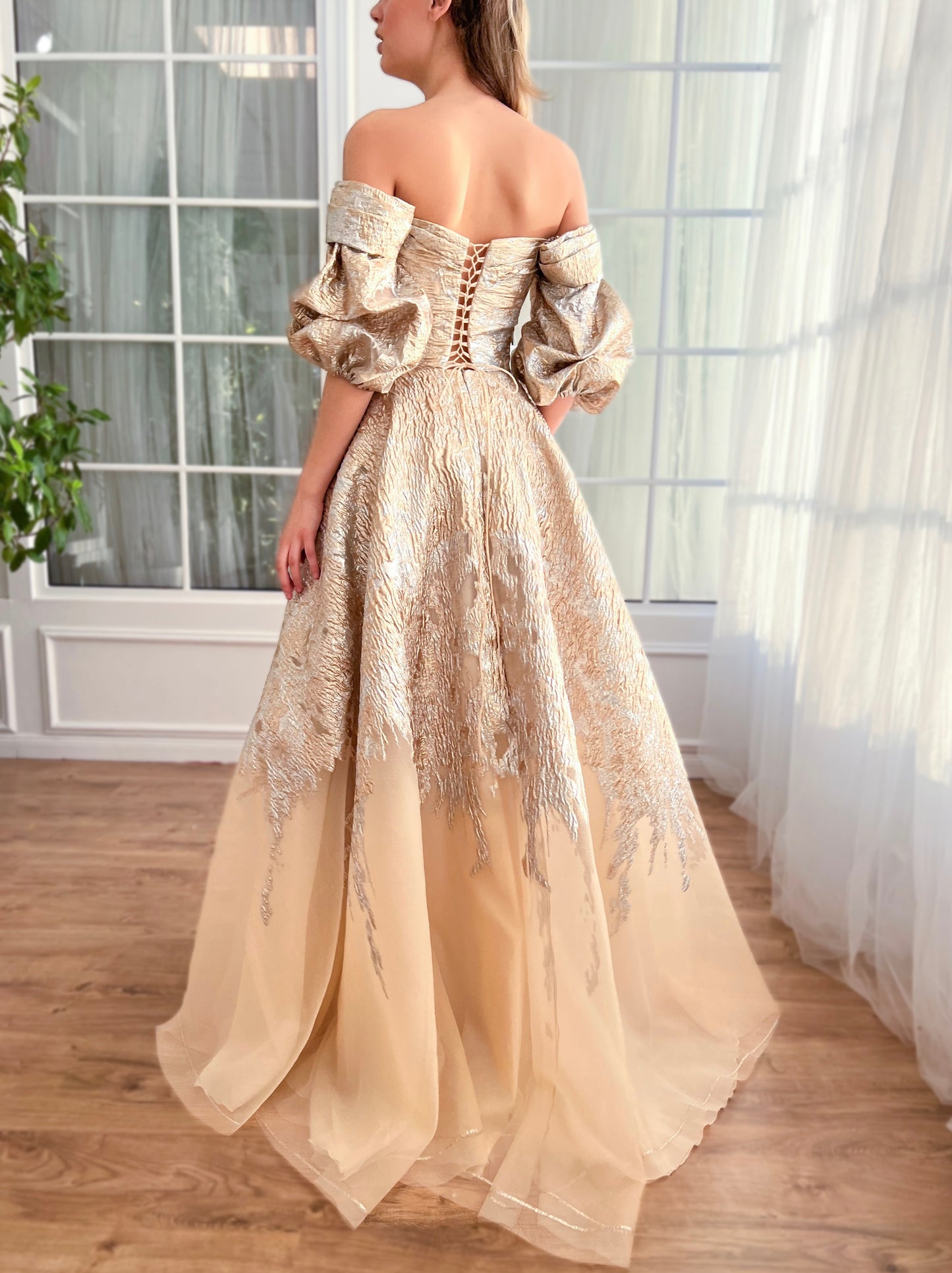 Beige A-Line dress with long off the shoulder sleeves