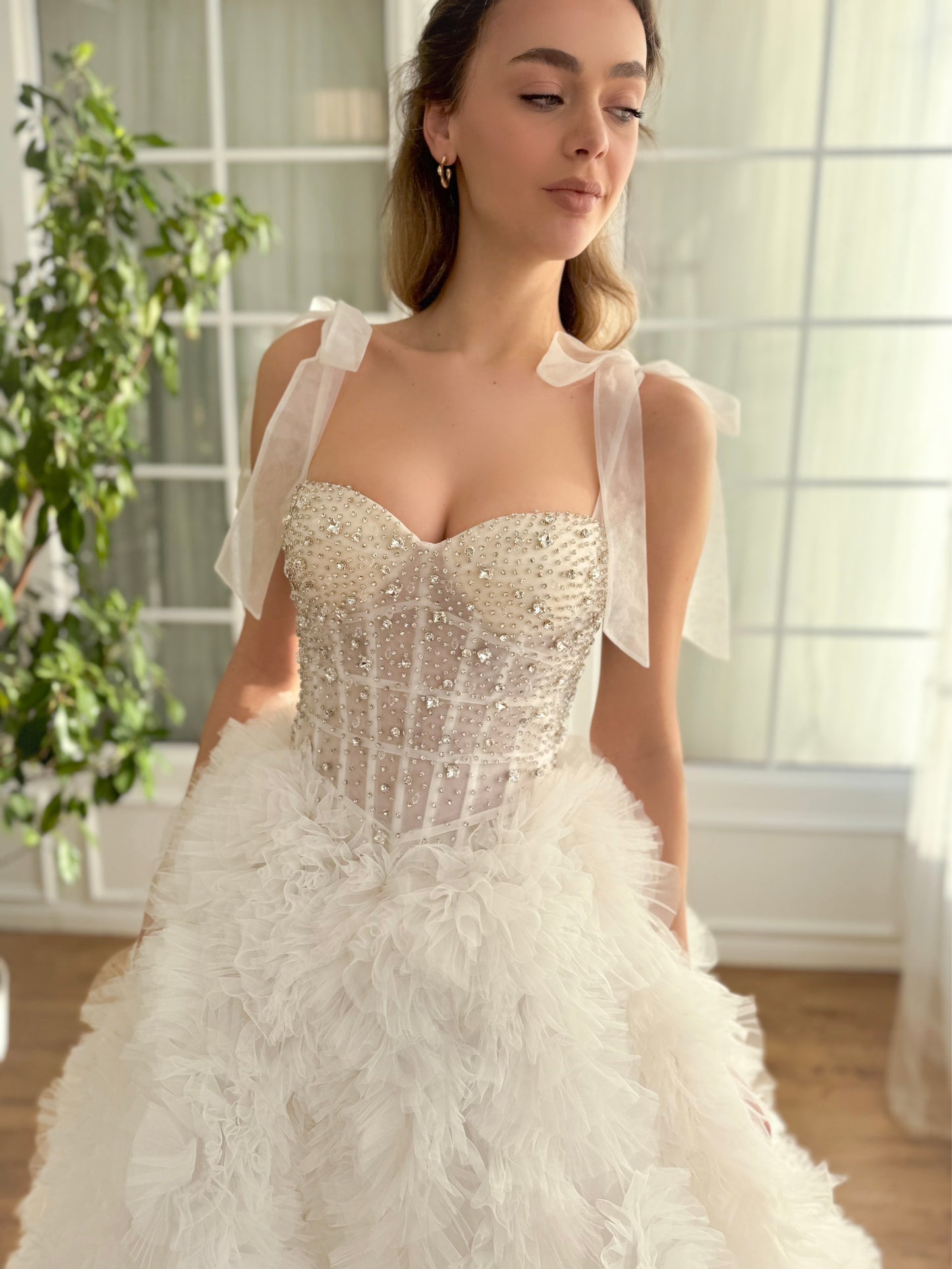 White A-Line dress with bow straps and embroidery