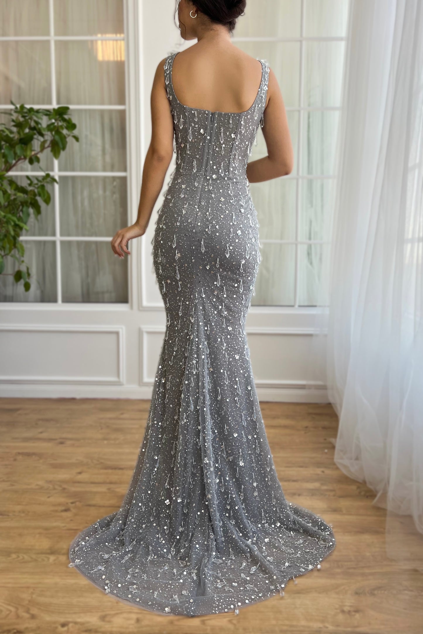 Grey mermaid dress with straps and embroidered crystals