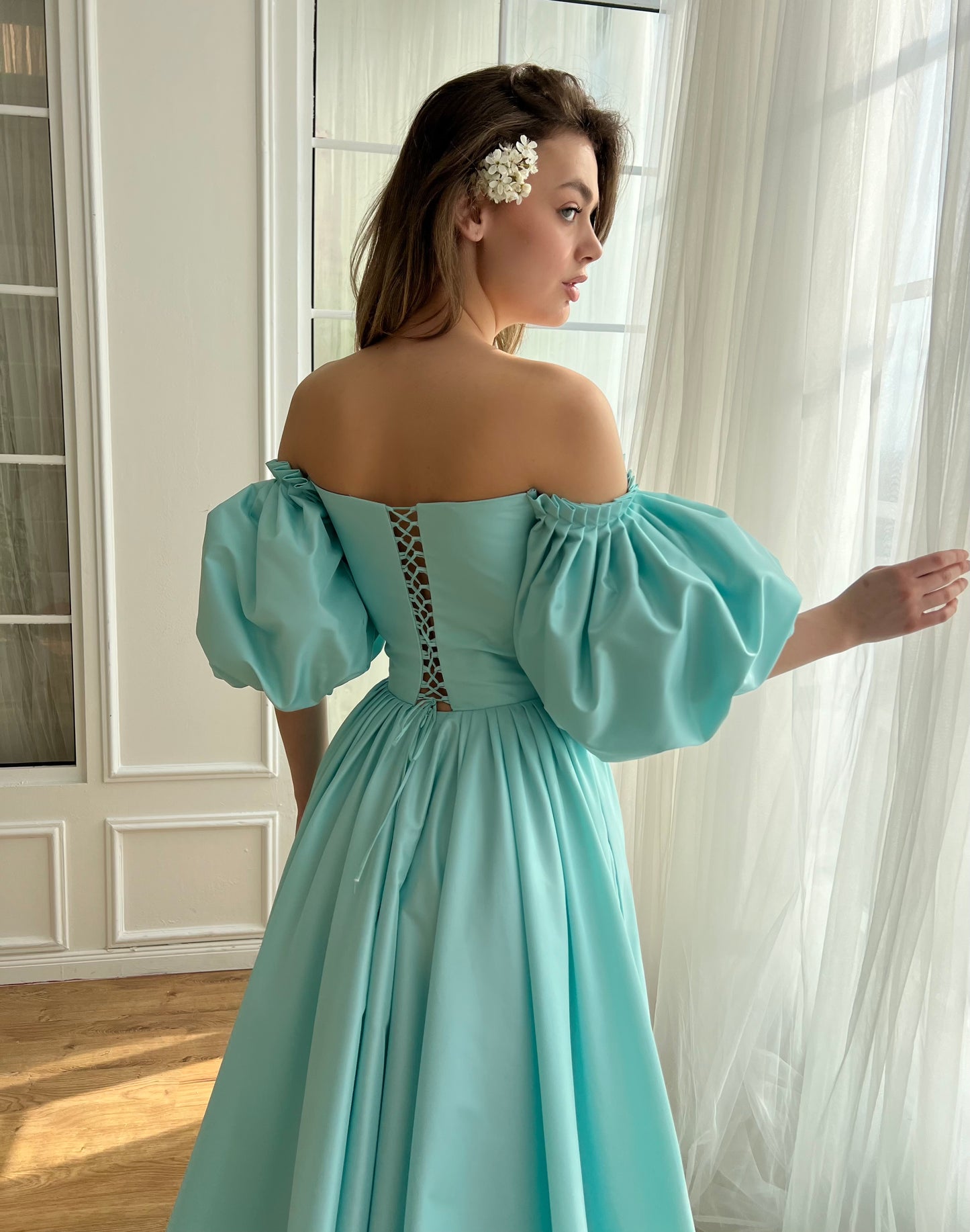 Blue A-Line dress with short off the shoulder sleeves