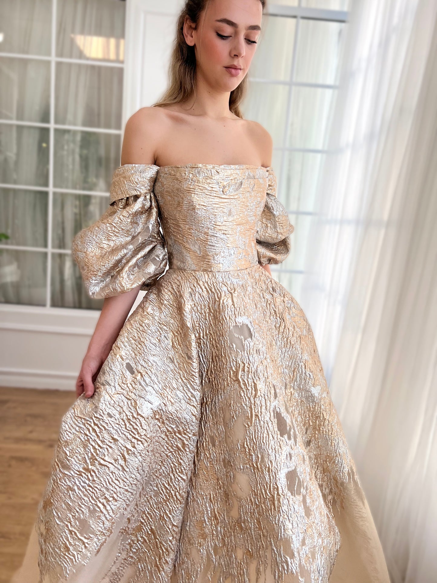Beige A-Line dress with long off the shoulder sleeves