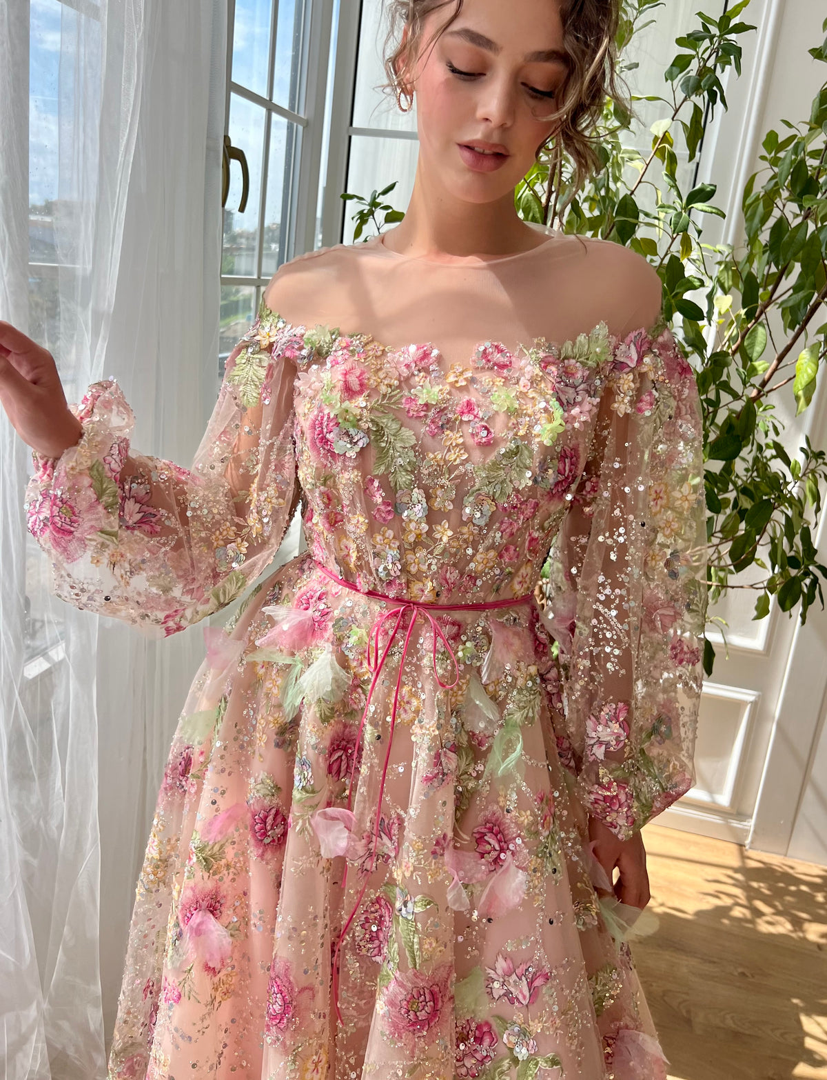Pink A-Line dress with long off the shoulder sleeves and embroidery