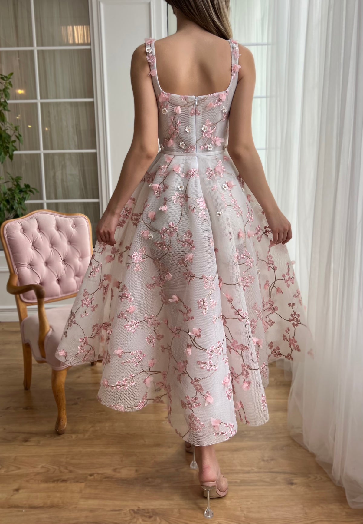 Pink midi dress with embroidered cherry blossoms and straps