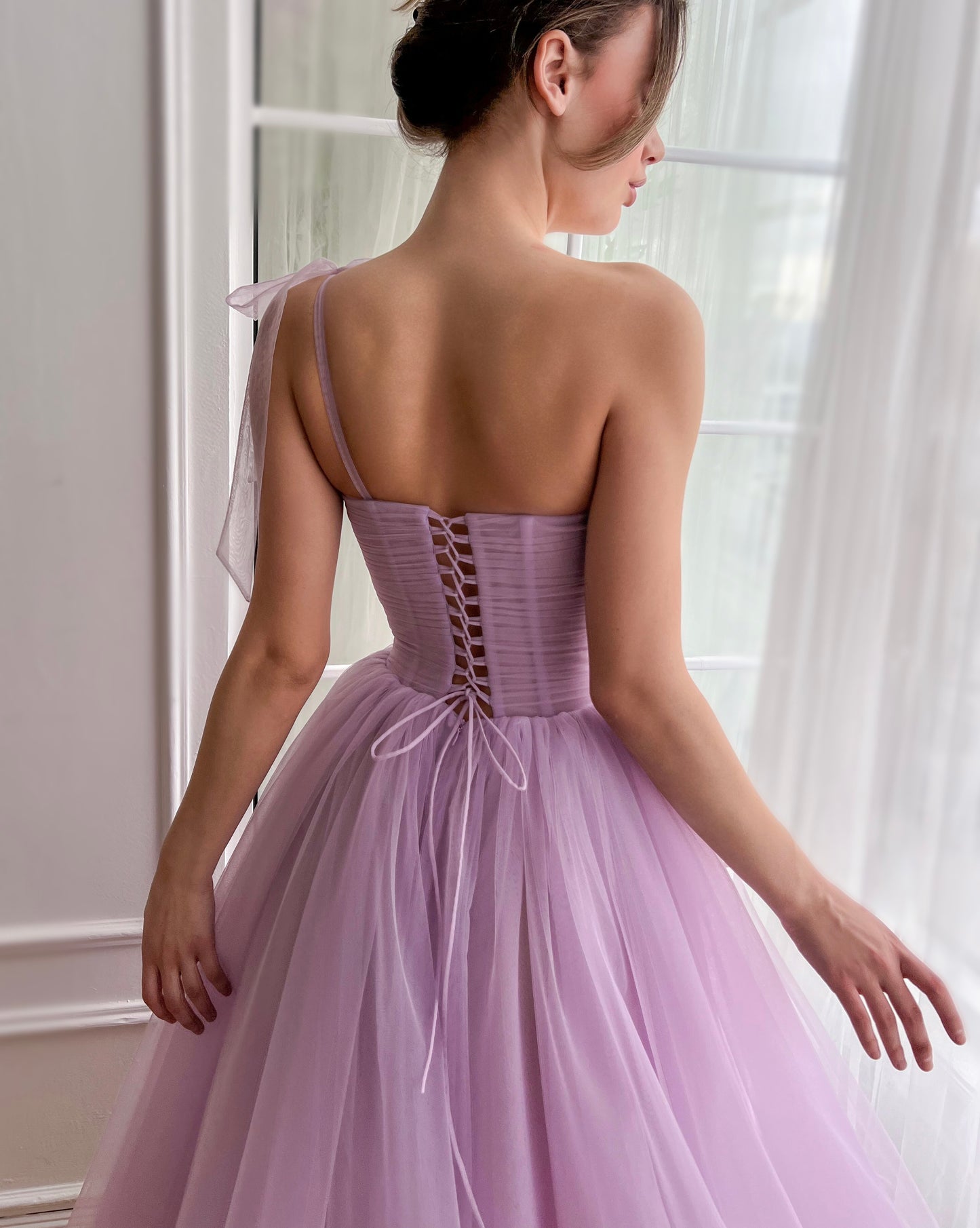 Purple midi dress with one shoulder strap and embroidered flowers