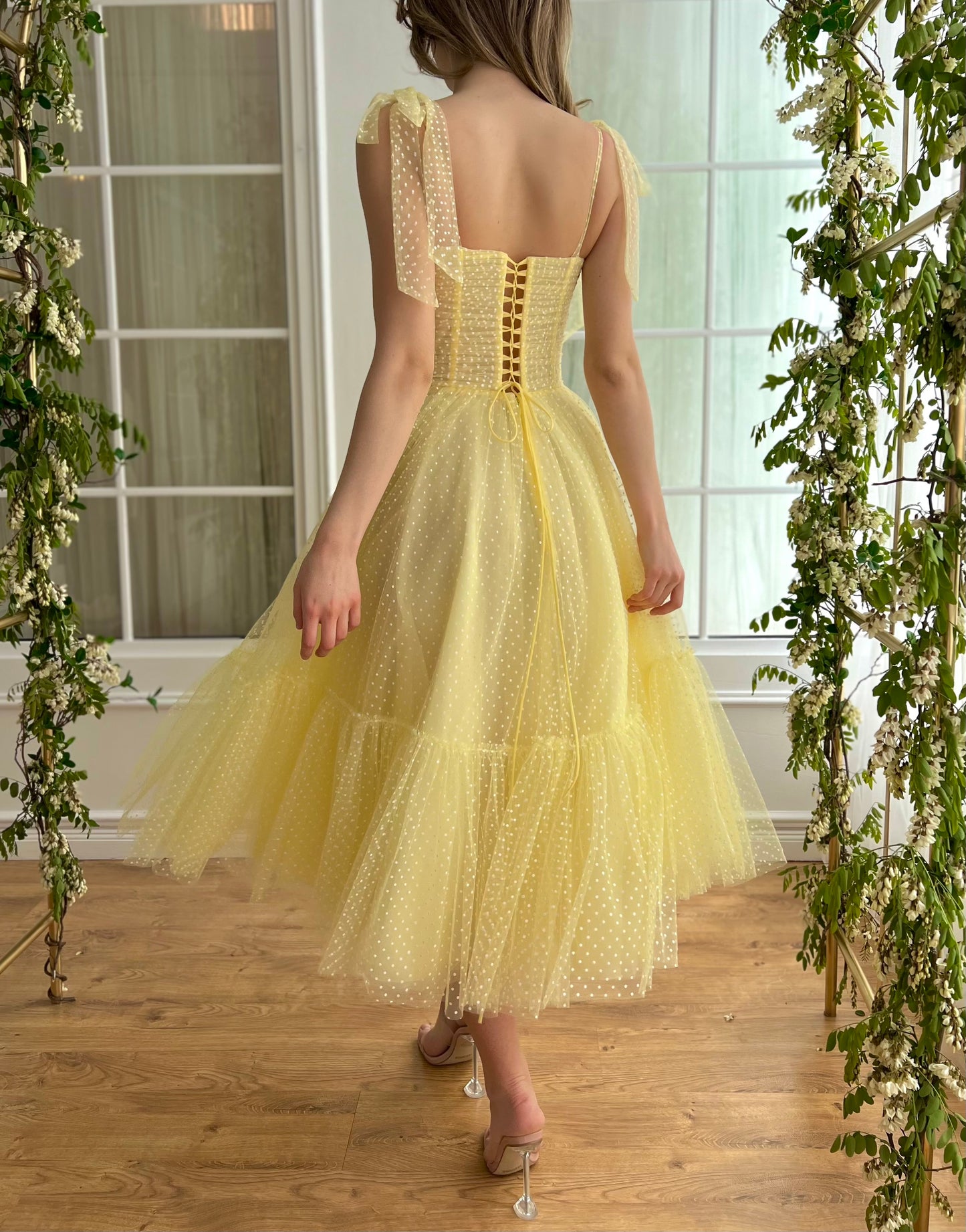 Yellow midi dress with off the shoulder sleeves and embroidery