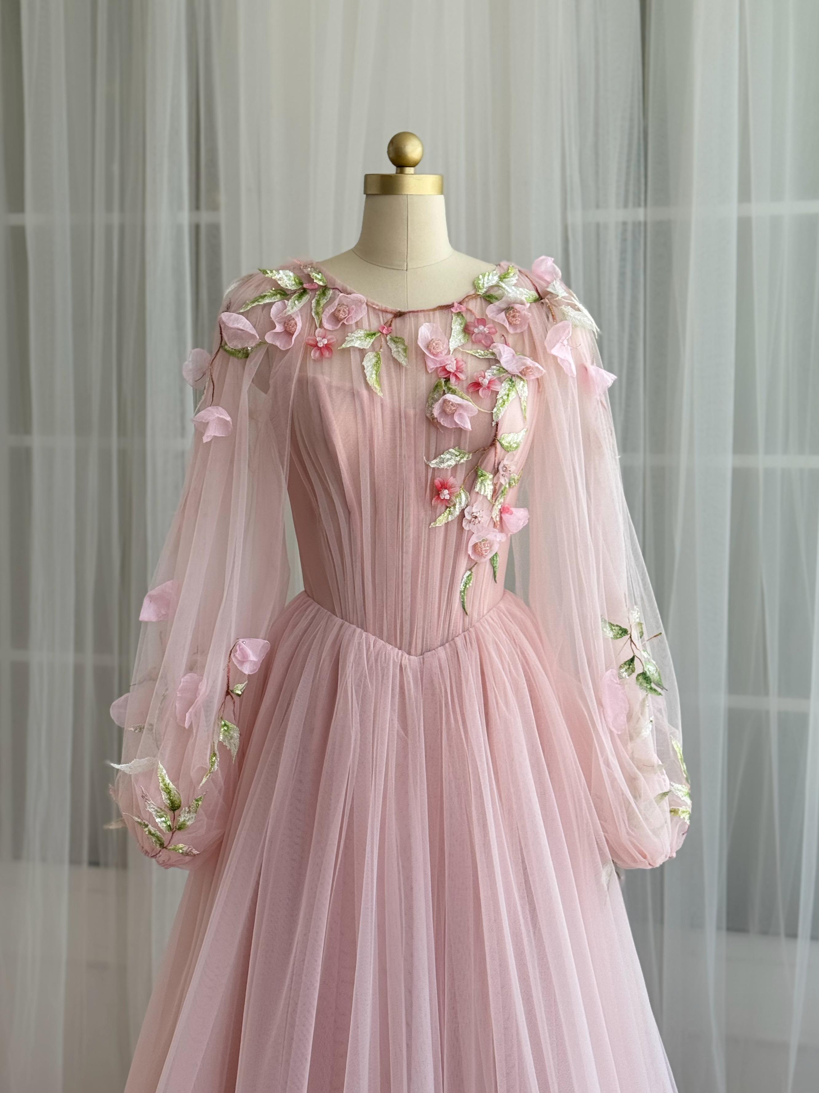 Pink A-Line gown with tulle, long sleeves and embroidery