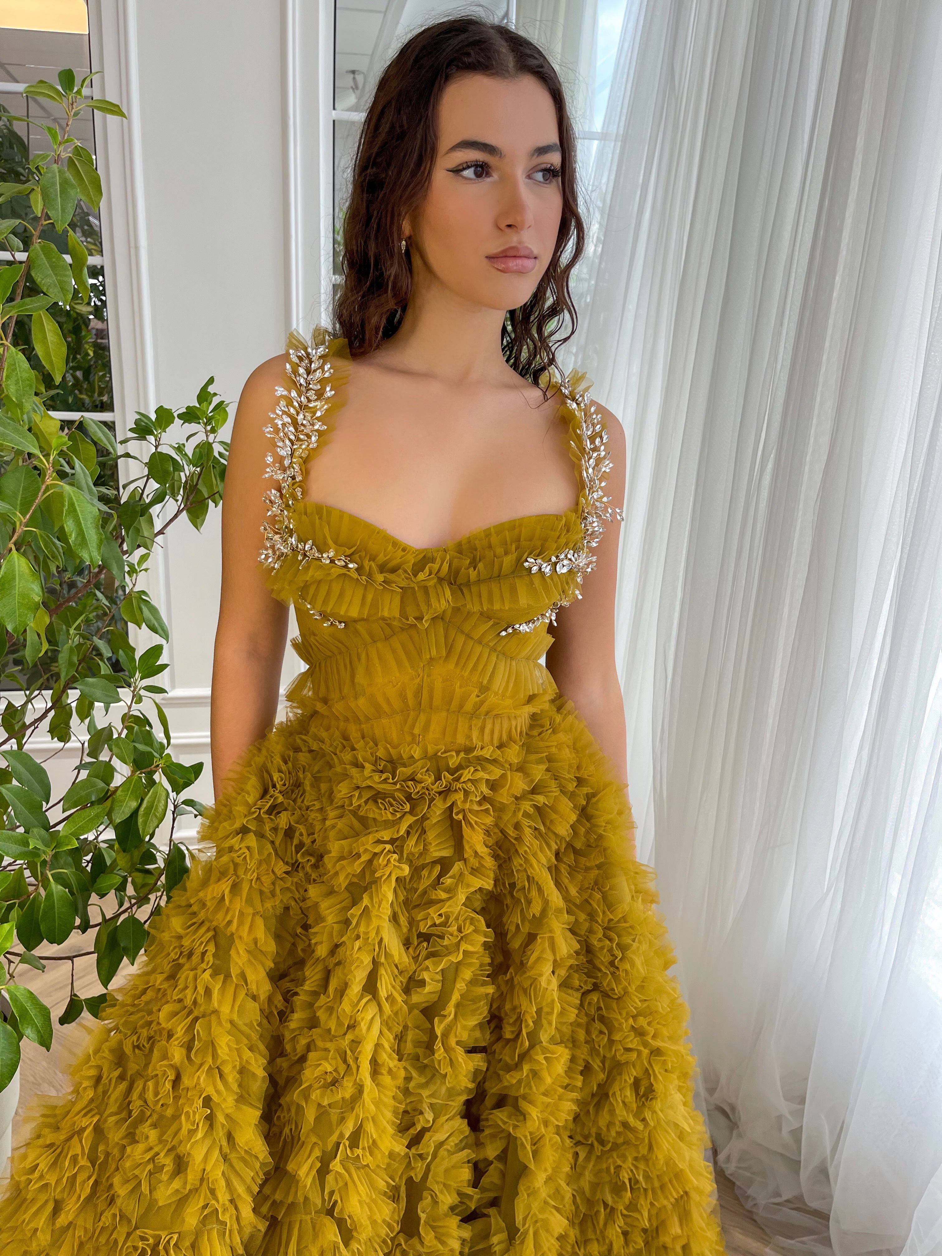 Gold A-Line dress with ruffles, embroidery and spaghetti straps