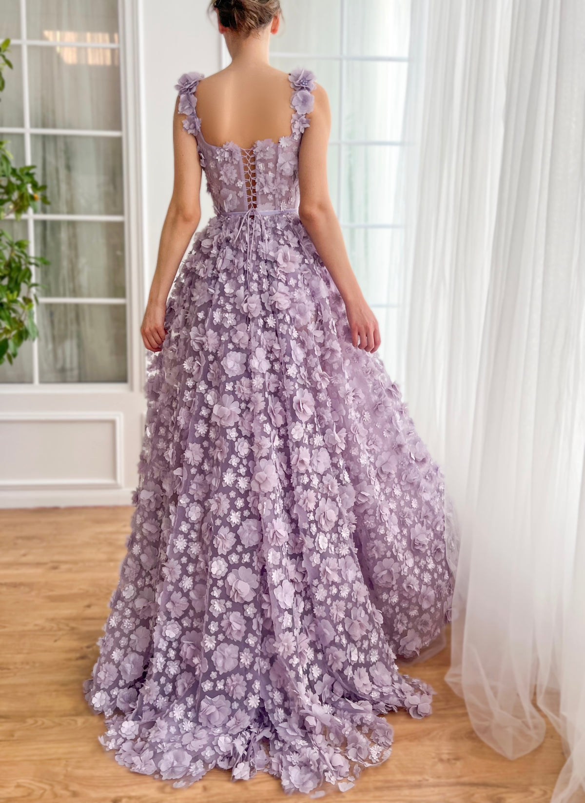 Purple A-Line dress with embroidered flowers and spaghetti straps
