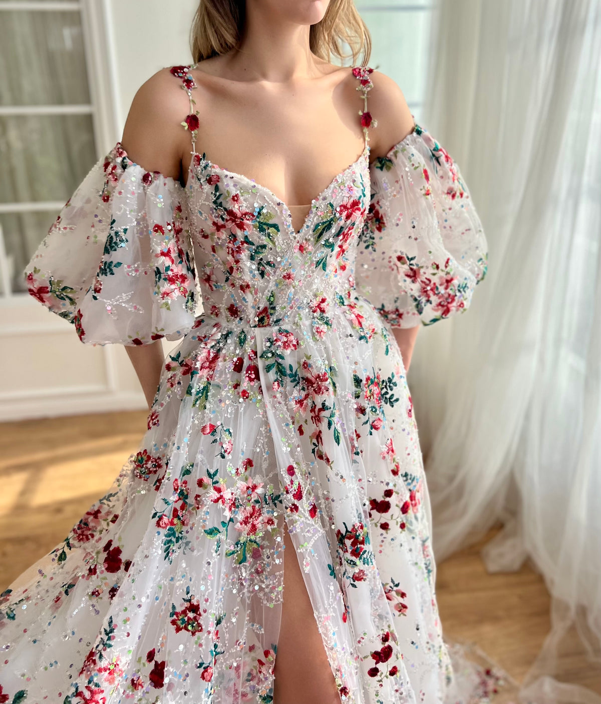 White A-Line dress with spaghetti straps, off the shoulder sleeves and embroidery