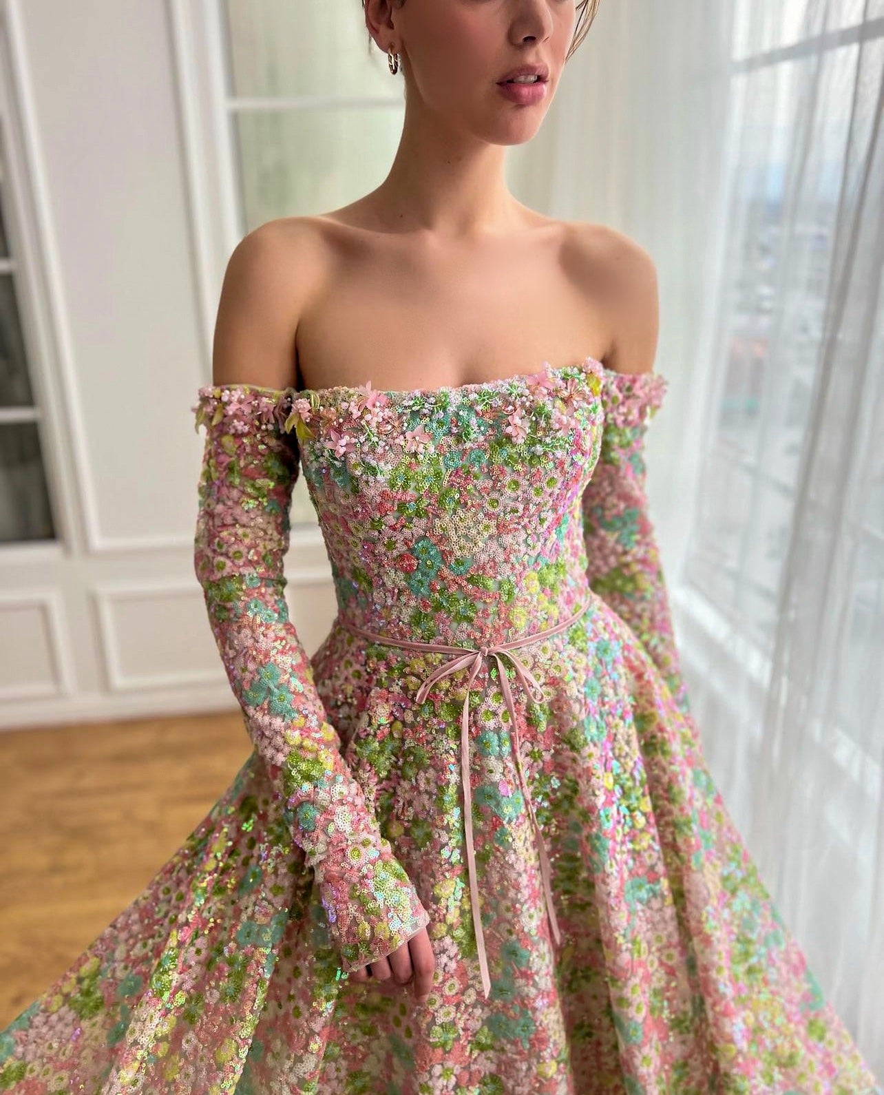 Colorful A-Line dress with long off the shoulder sleeves, embroidery and sequins