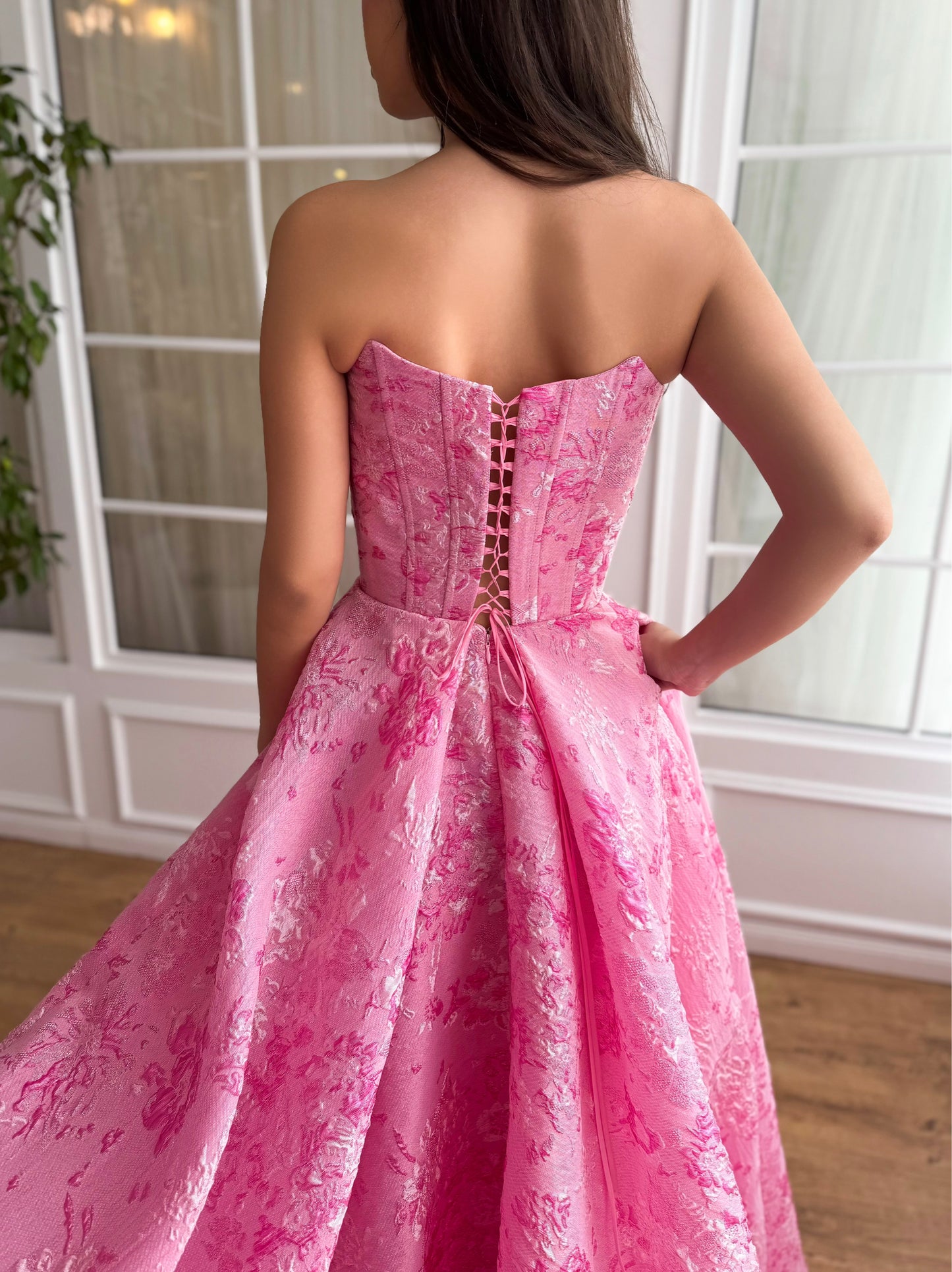 Pink A-Line dress with embroidery and short off the shoulder sleeves