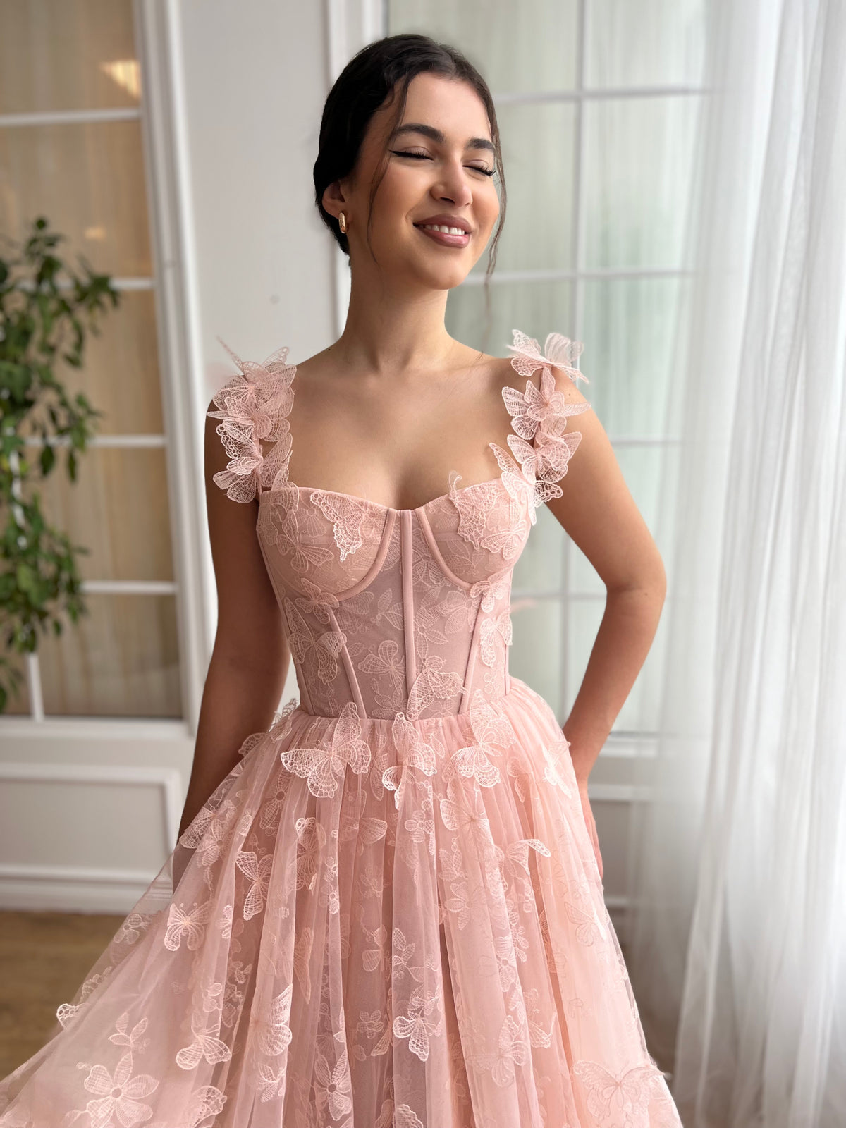Pink midi dress with embroidered butterflies and straps
