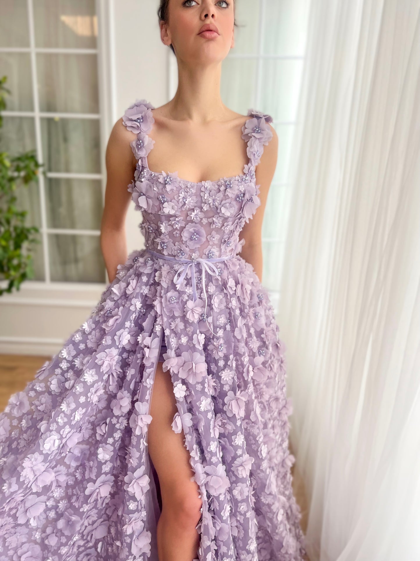 Purple A-Line dress with embroidered flowers and spaghetti straps