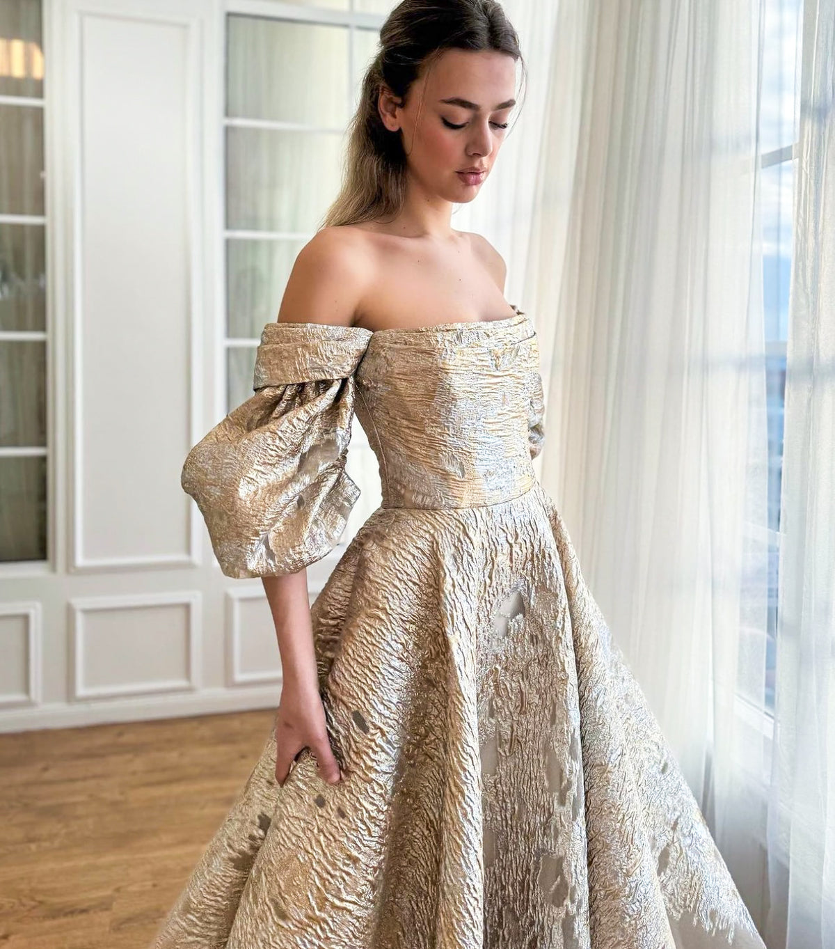 Beige A-Line dress with long off the shoulder sleeves