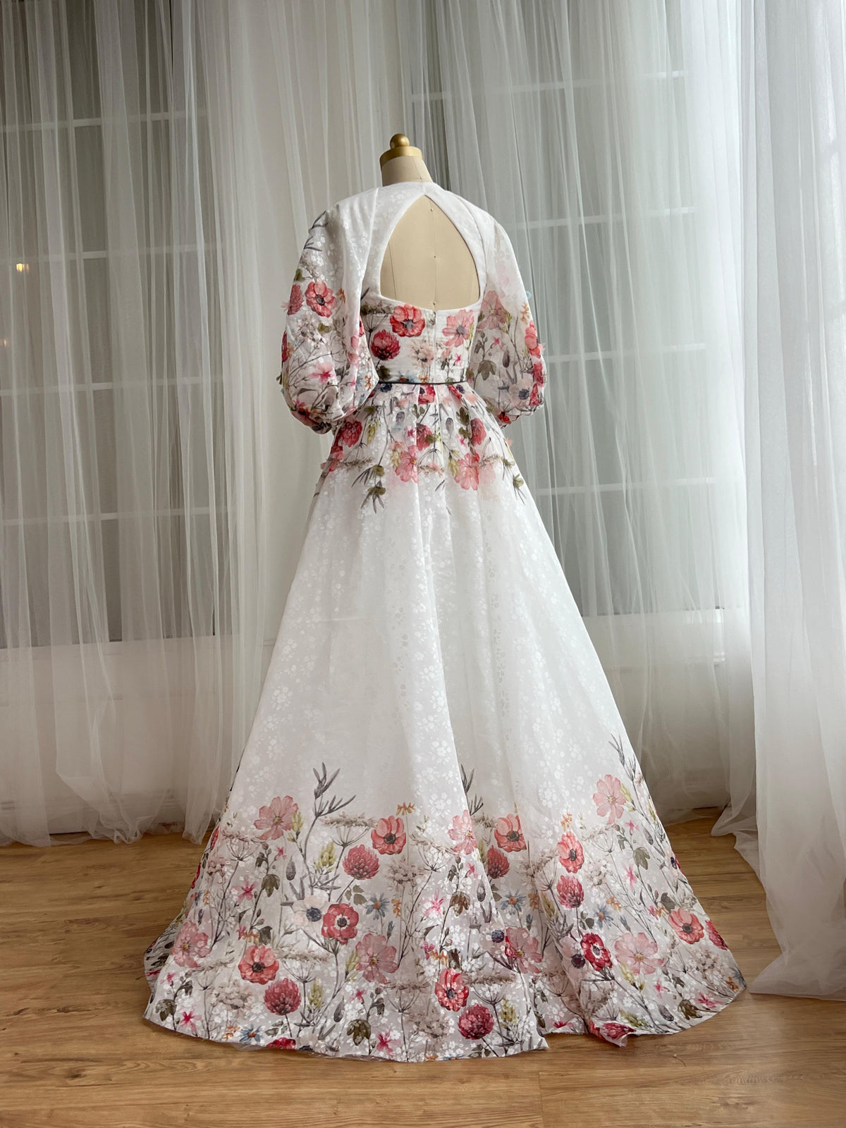 White bridal A-Line gown with long sleeves, v-neck and embroidery