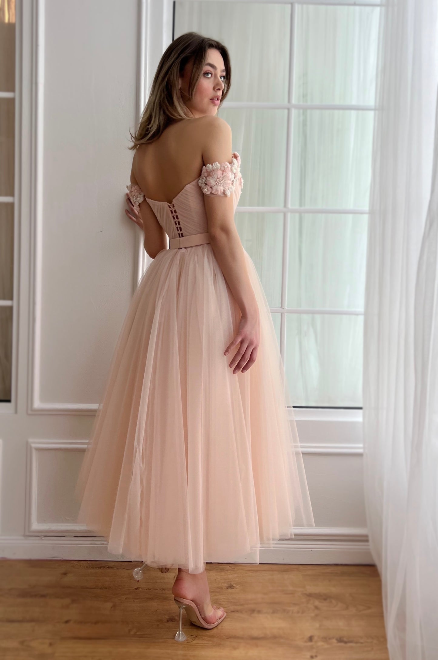 Peach midi dress with off the shoulder sleeves and embroidery