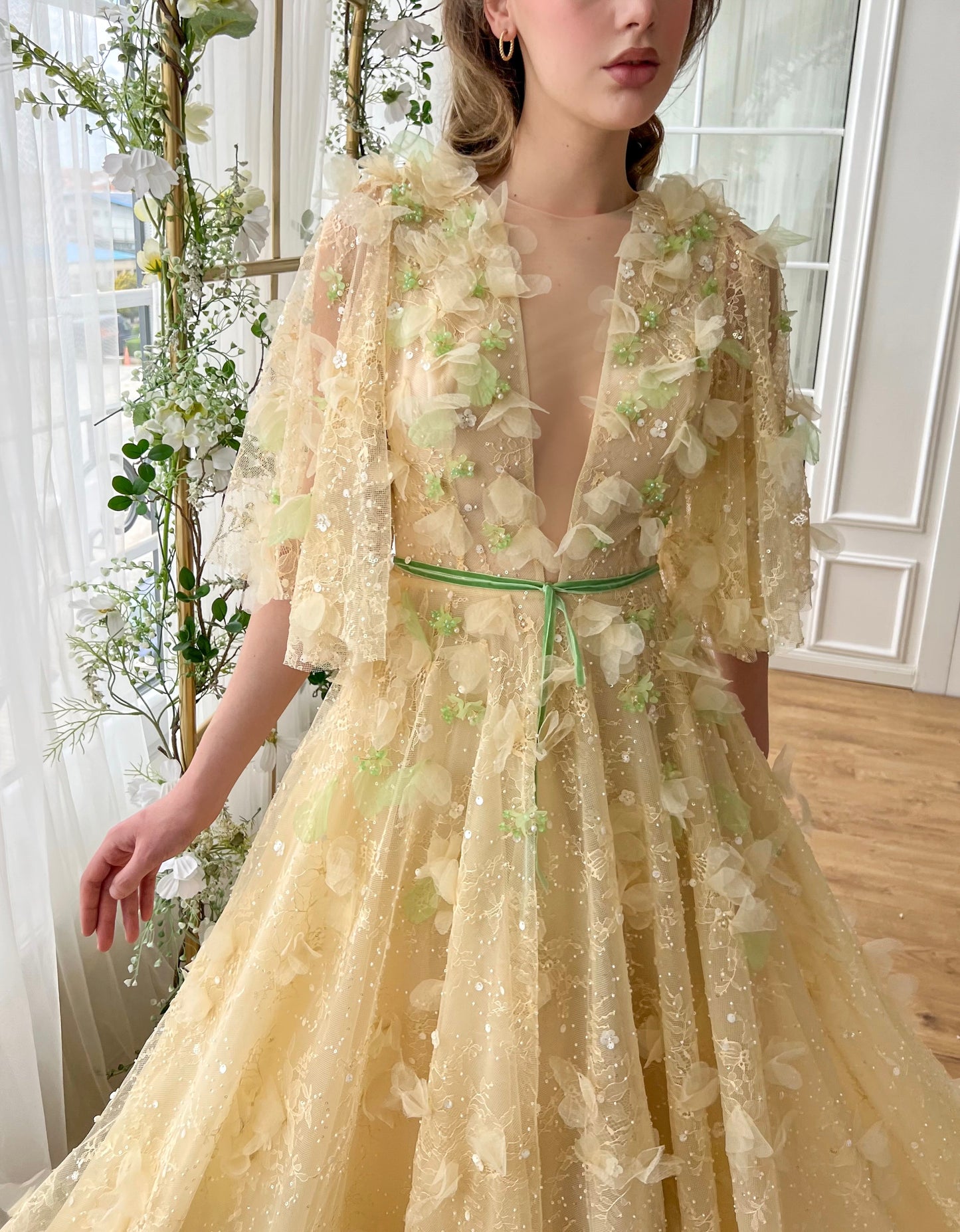 Beige A-Line dress with flutter sleeves, v-neck and embroidery