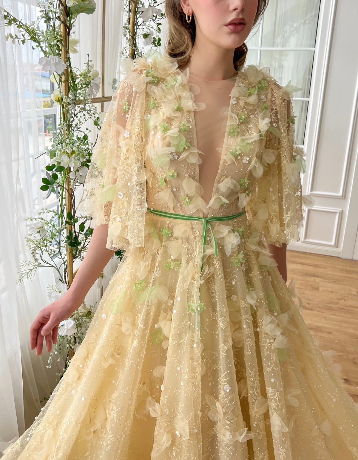 Beige A-Line dress with flutter sleeves, v-neck and embroidery