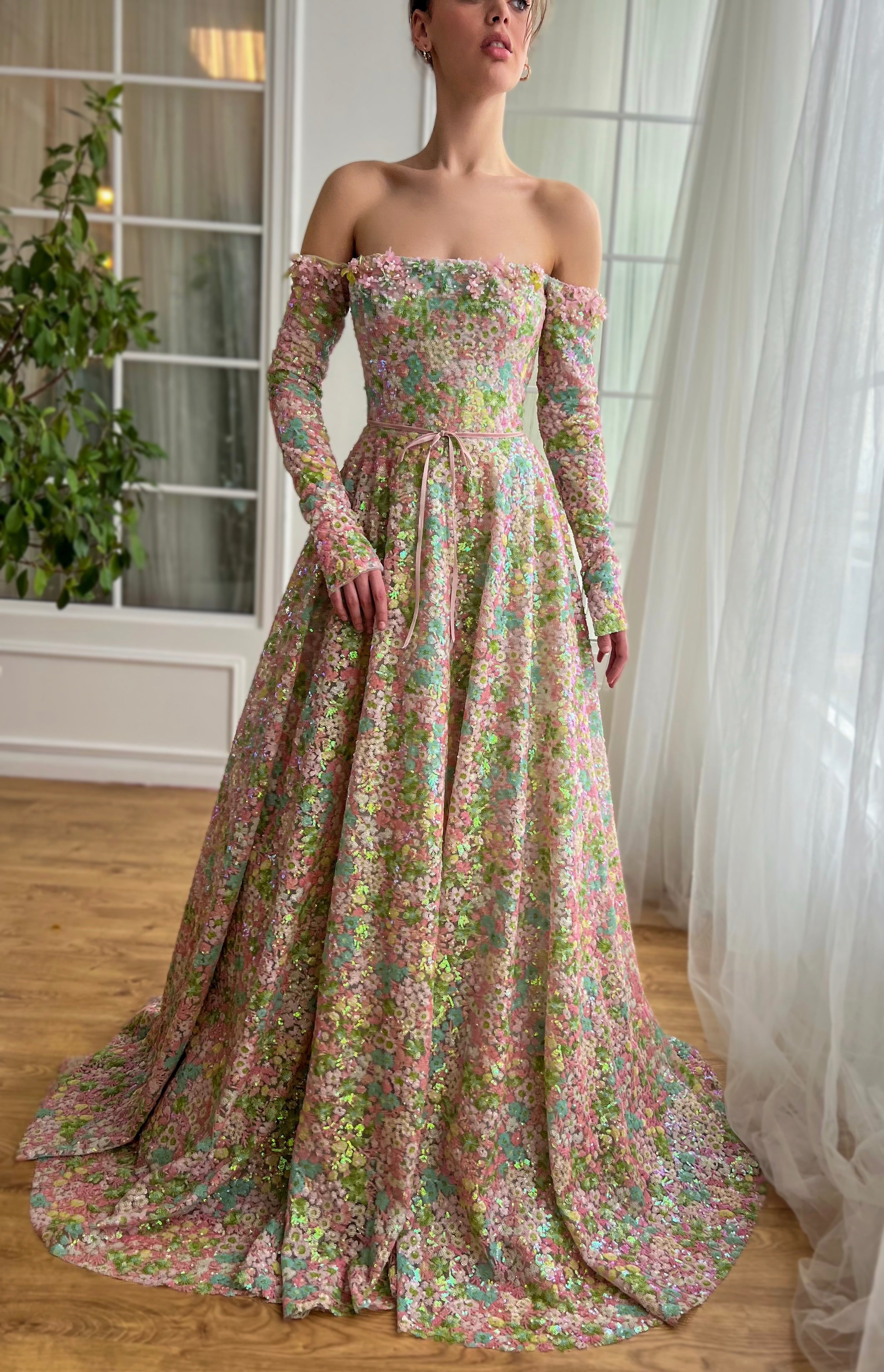 Colorful A-Line dress with long off the shoulder sleeves, embroidery and sequins