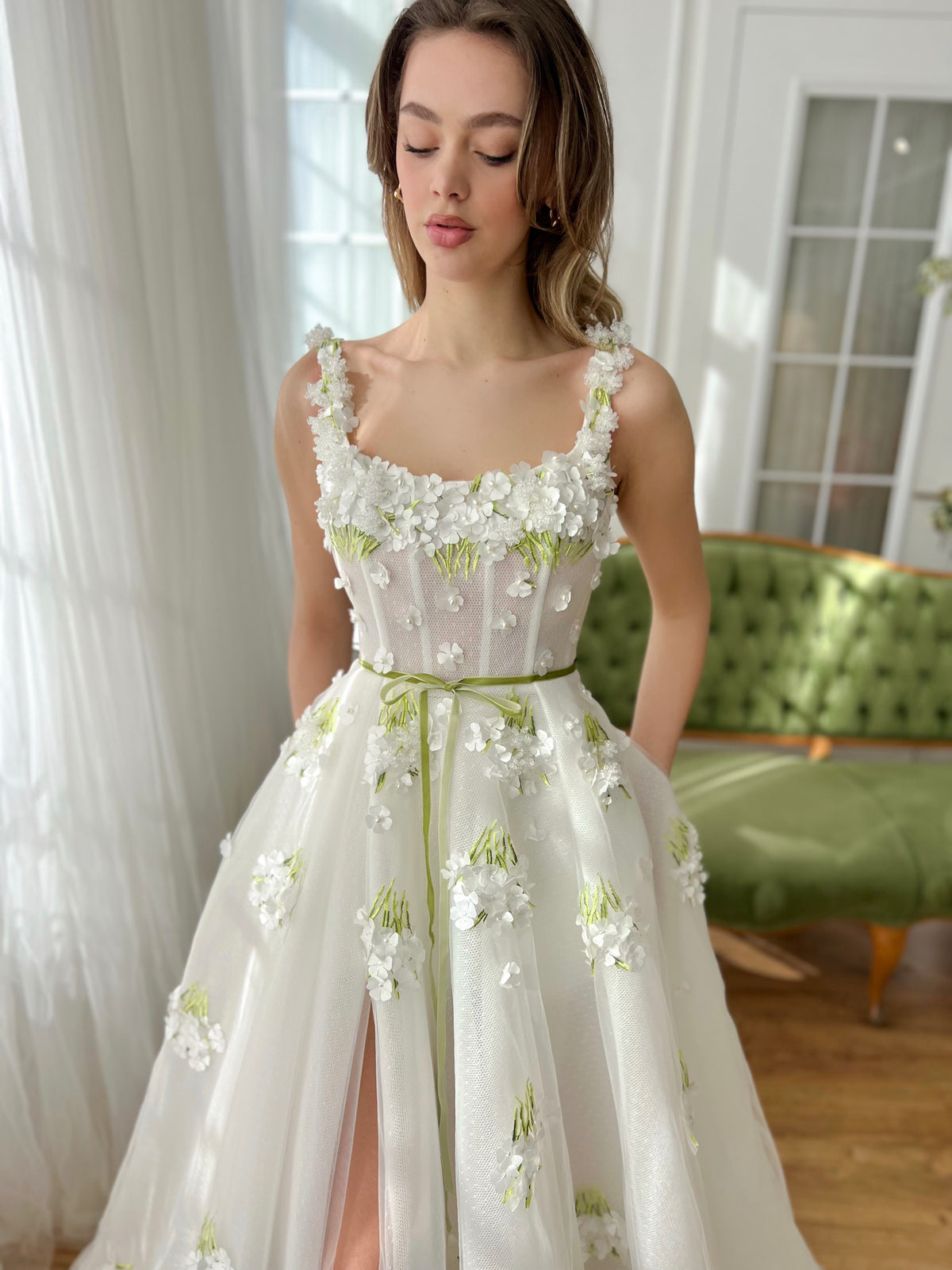 White A-Line dress with straps and embroidery