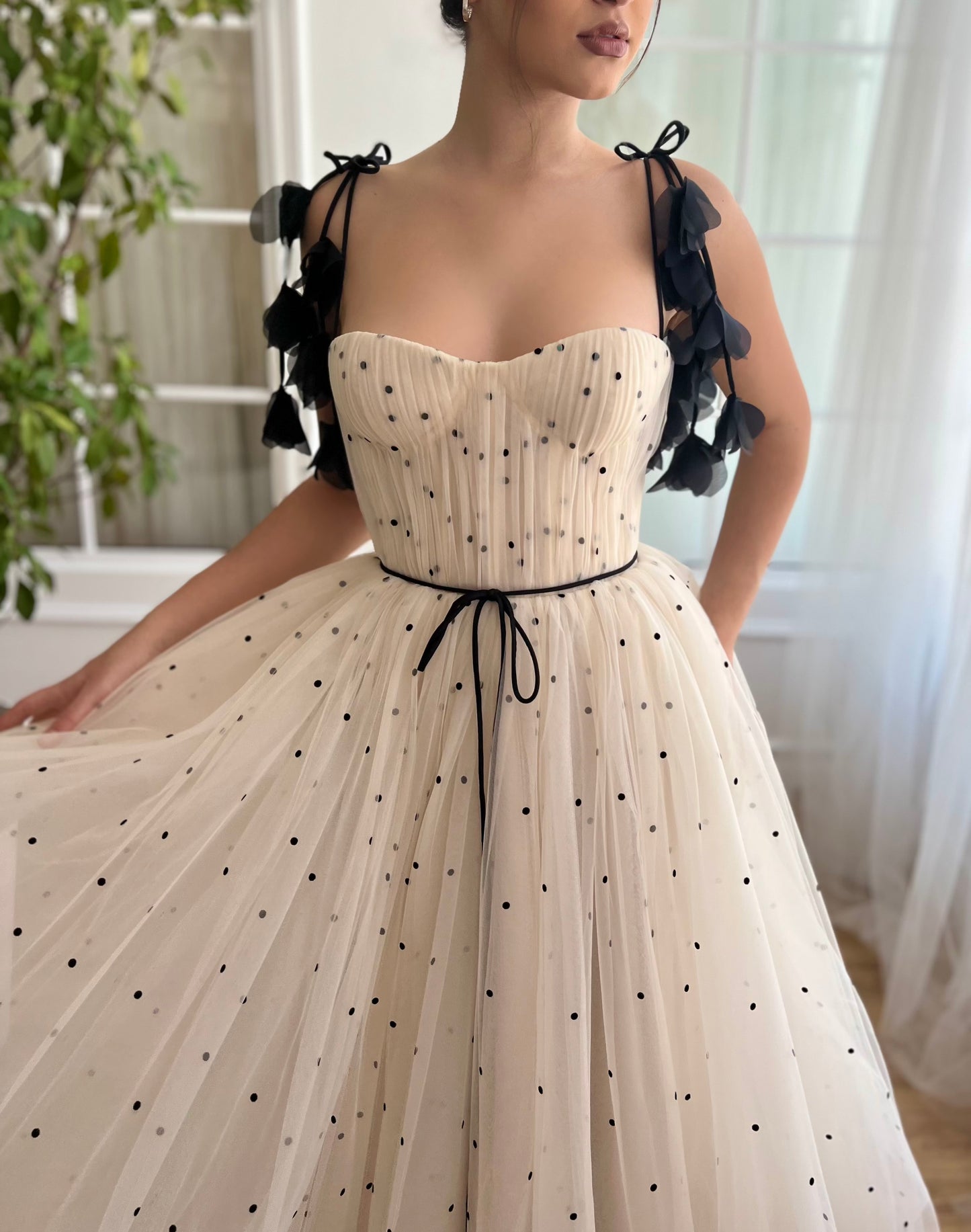 Beige midi dress with dotted fabric, embroidery and straps