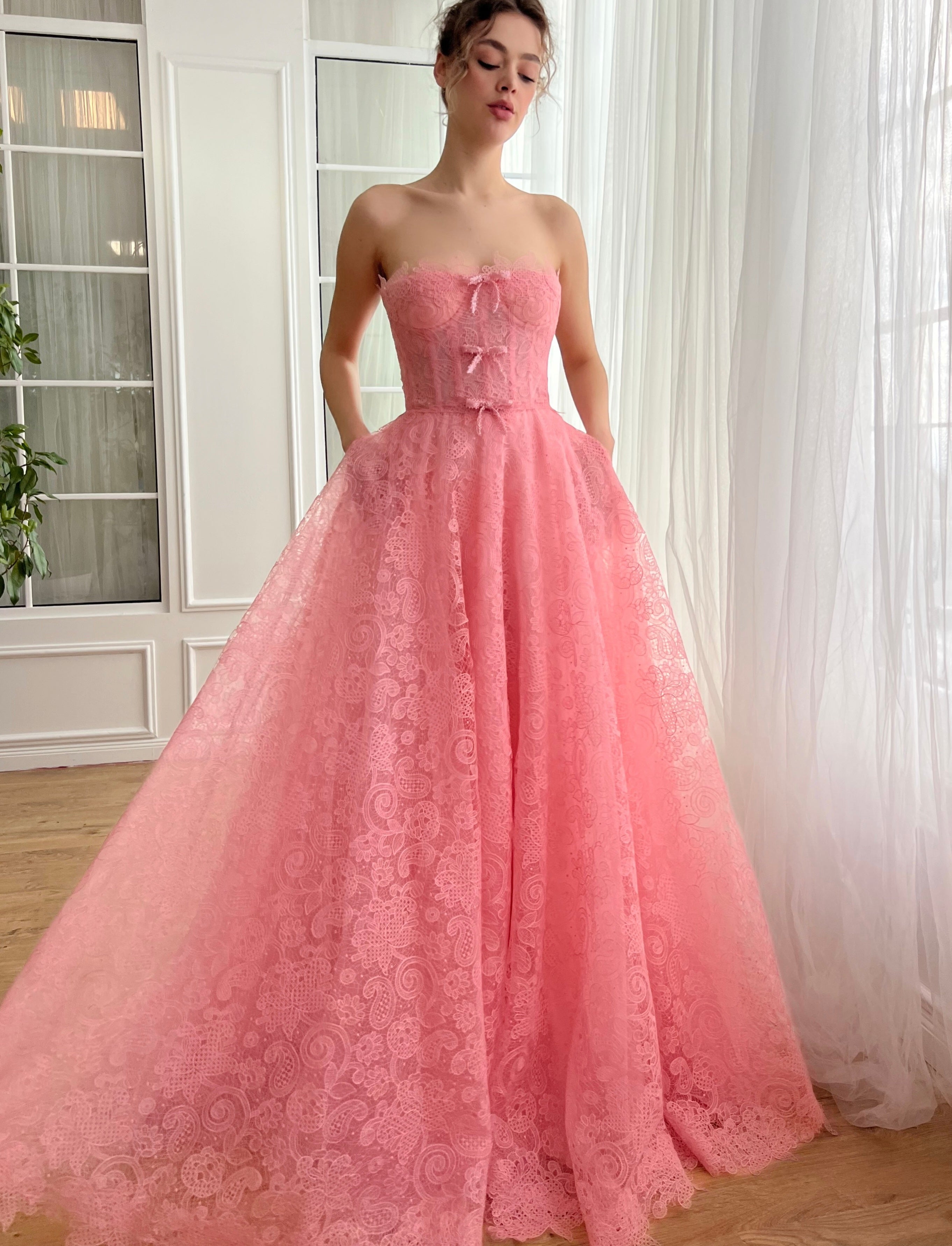 Rose gold or pink beaded bodice cap sleeves sparkle ball gown wedding dress  with short train & glitter tulle - various styles