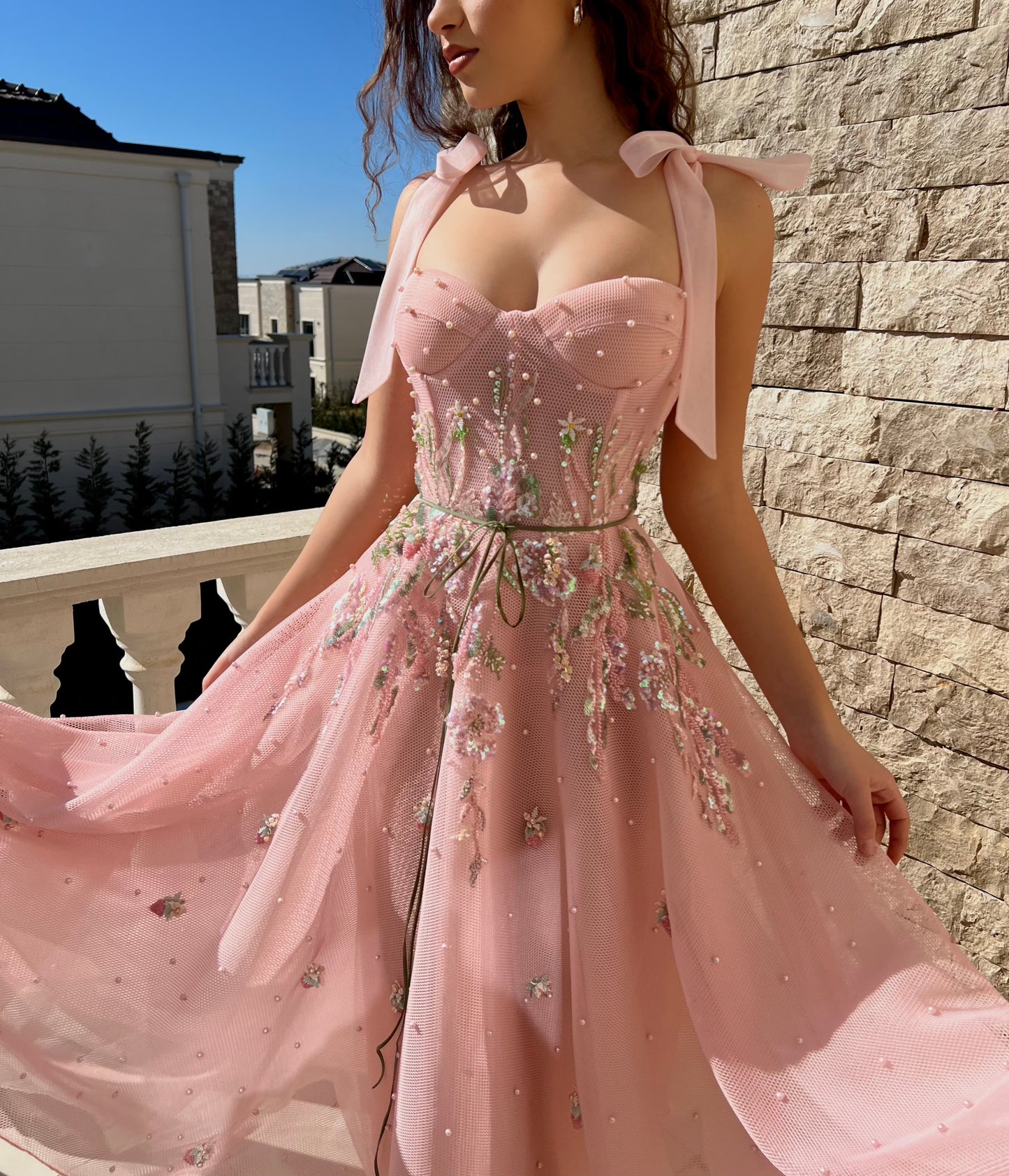 Pink midi dress with bow straps, embroidery and pearls