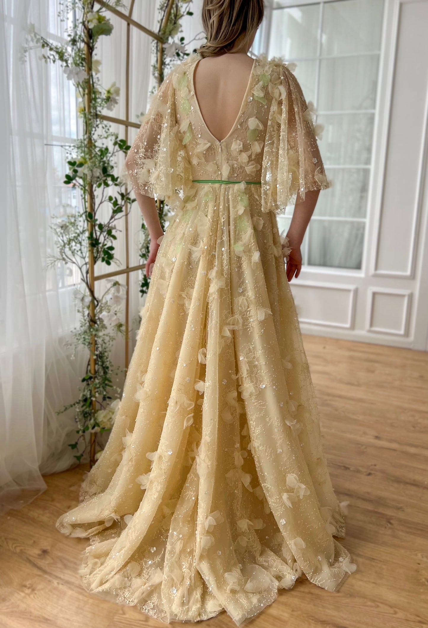 Beige A-Line dress with flutter sleeves, v-neck and embroidery