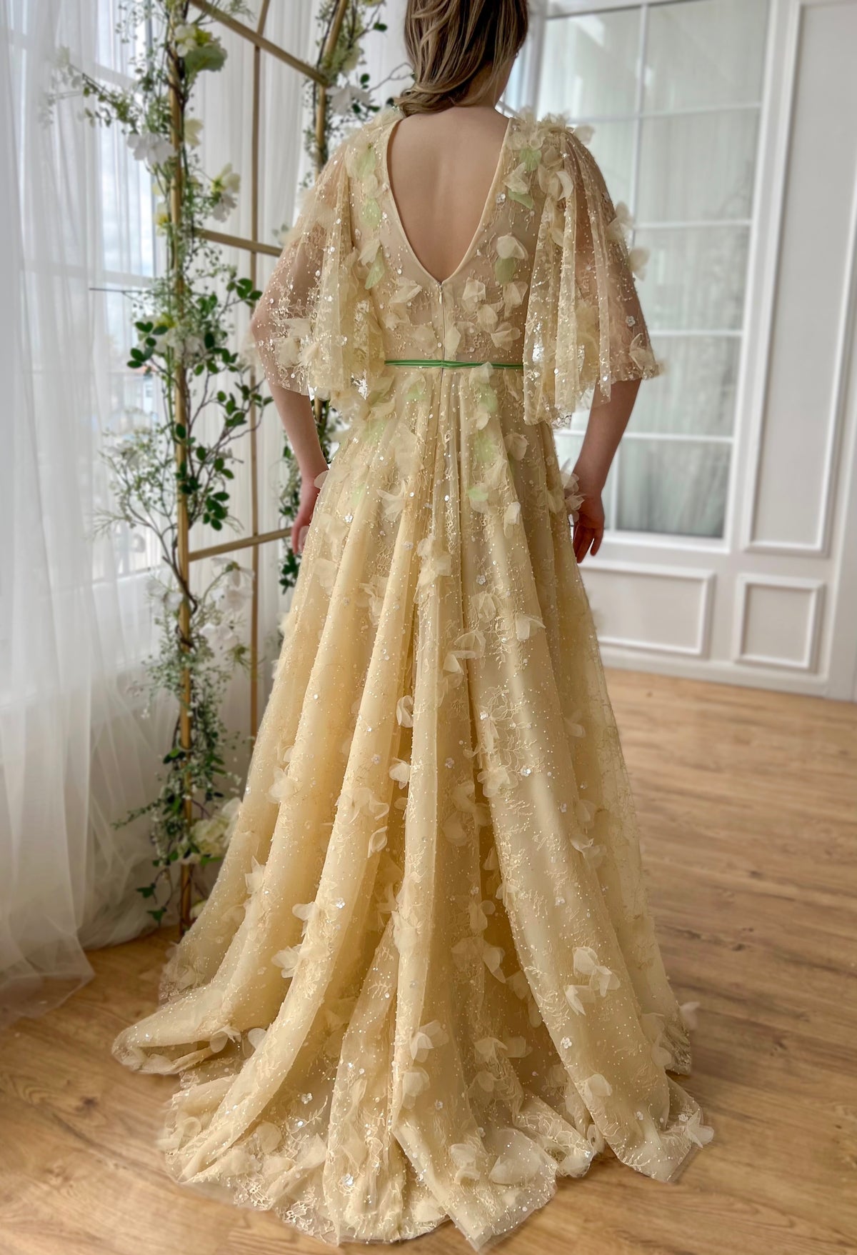 Beige A-Line dress with flutter sleeves, v-neck and embroidery